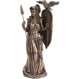 Bronze statue of a warrior woman with a spear and shield on a white background