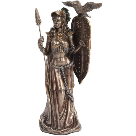 Bronze statue of a warrior woman with a spear and shield on a white background
