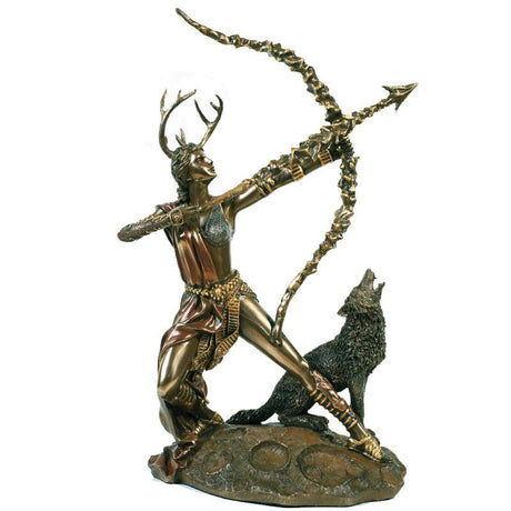 Bronze statue of a warrior with a bow and a wolf on a white background