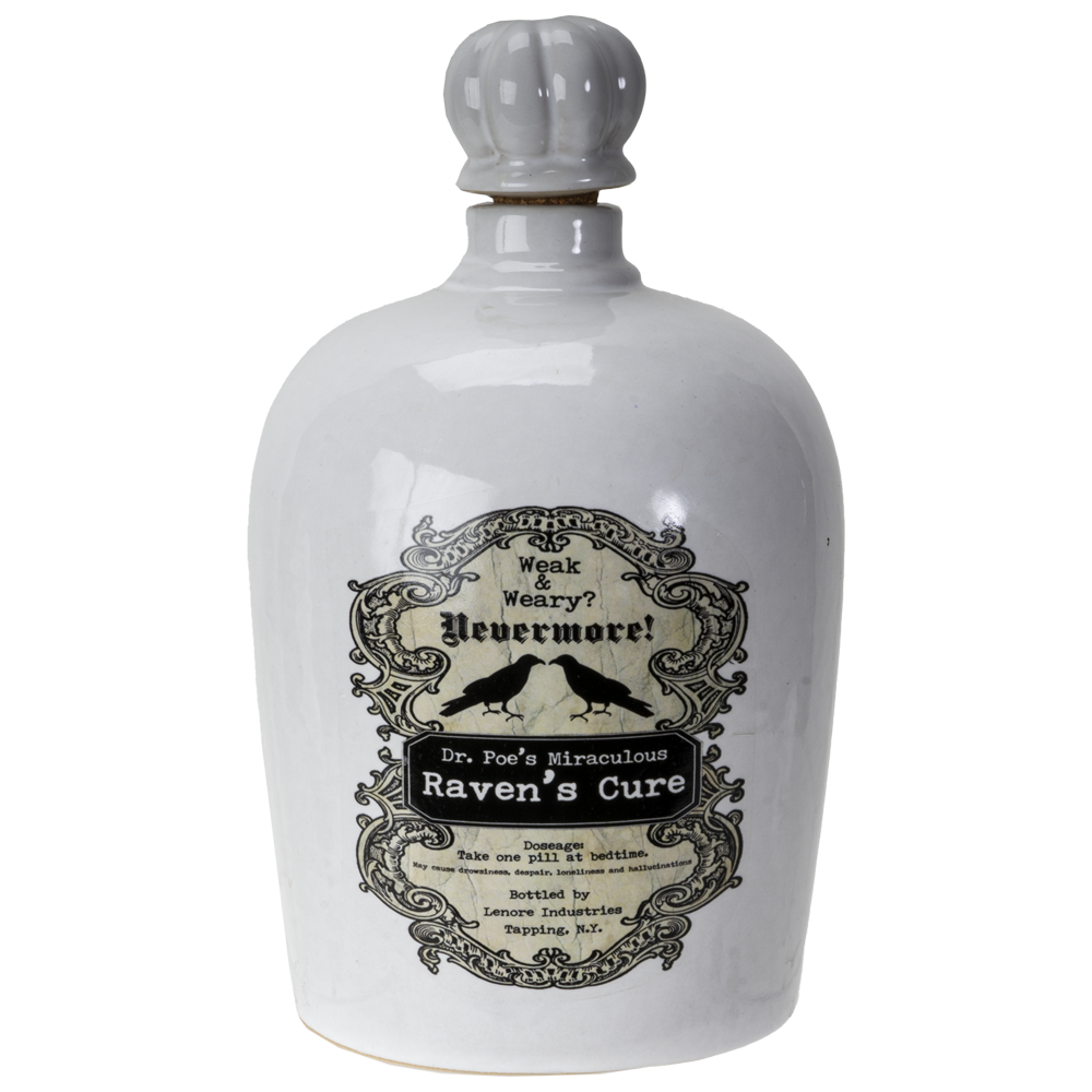 A white ceramic bottle with a gray ribbed stopper and a vintage-style black label reading 'Weak & Wary? Nevermore! Dr. Fun's Miraculous Raven's Cure'.
