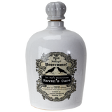 A white ceramic bottle with a gray ribbed stopper and a vintage-style black label reading 'Weak & Wary? Nevermore! Dr. Fun's Miraculous Raven's Cure'.