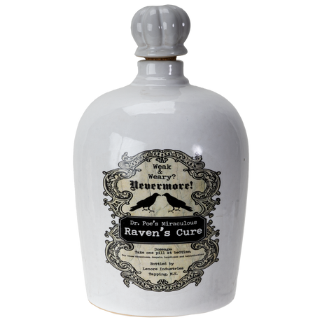 A white ceramic bottle with a gray ribbed stopper and a vintage-style black label reading 'Weak & Wary? Nevermore! Dr. Fun's Miraculous Raven's Cure'.