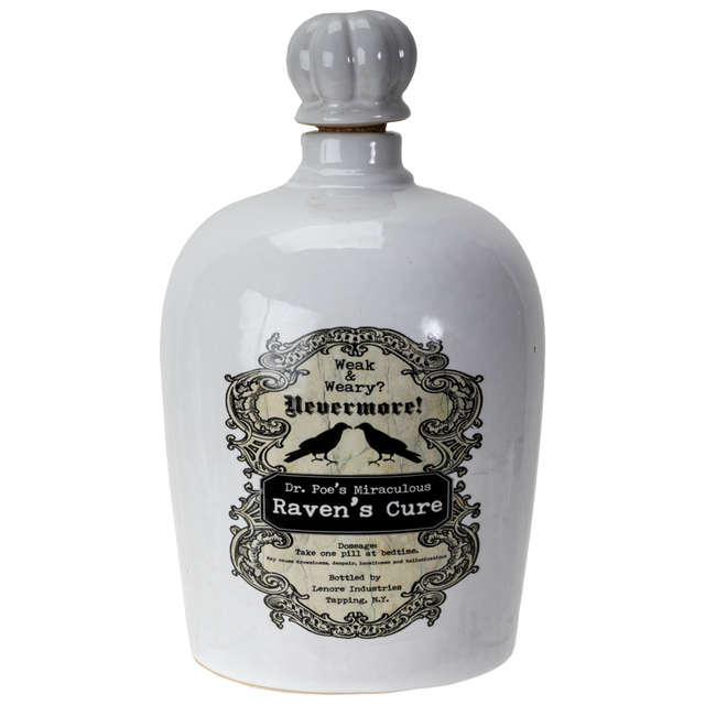 A white ceramic bottle with a gray ribbed stopper and a vintage-style black label reading 'Weak & Wary? Nevermore! Dr. Fun's Miraculous Raven's Cure'.