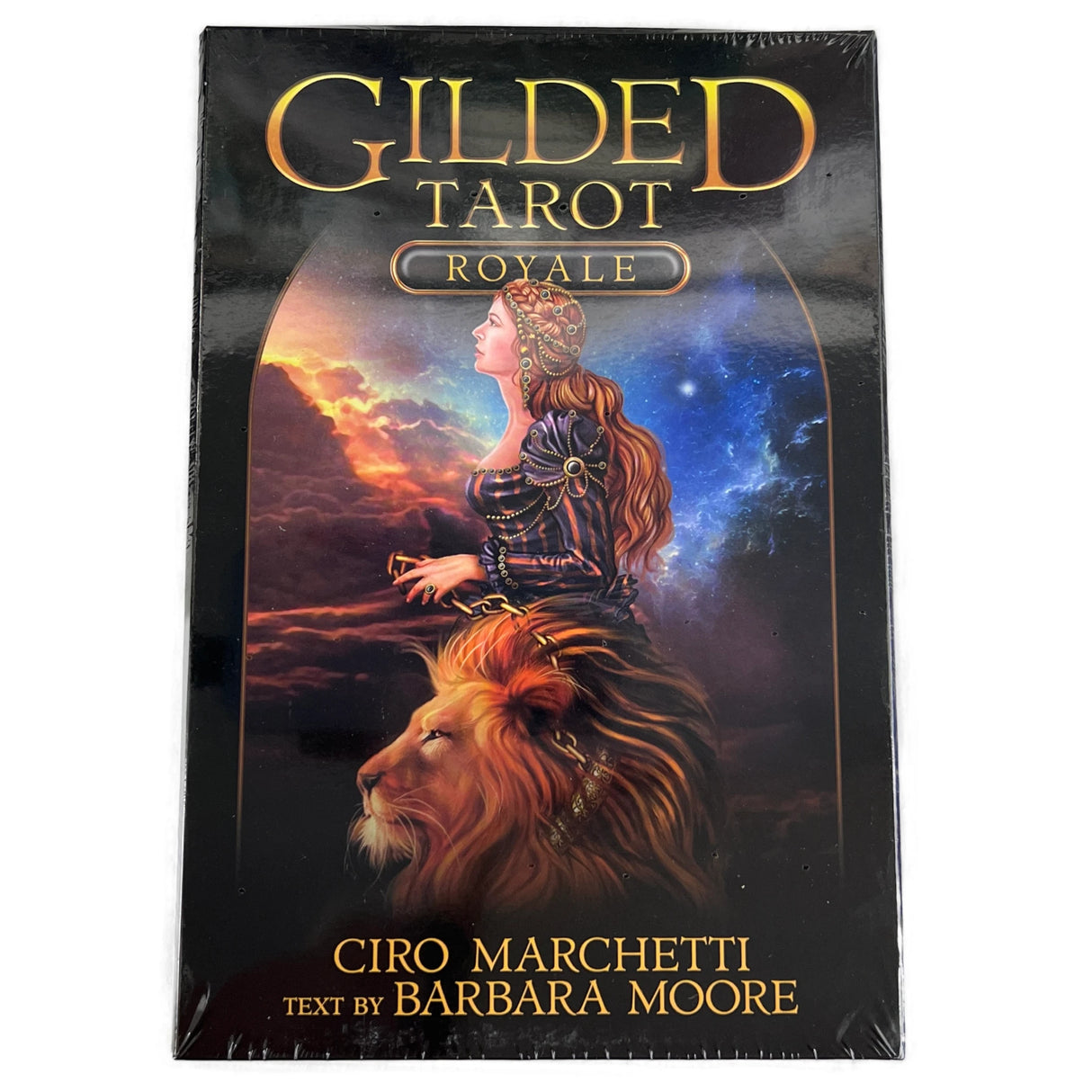 gilded tarot black box with image of woman and lion 