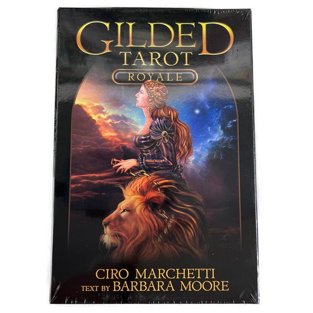 gilded tarot black box with image of woman and lion 