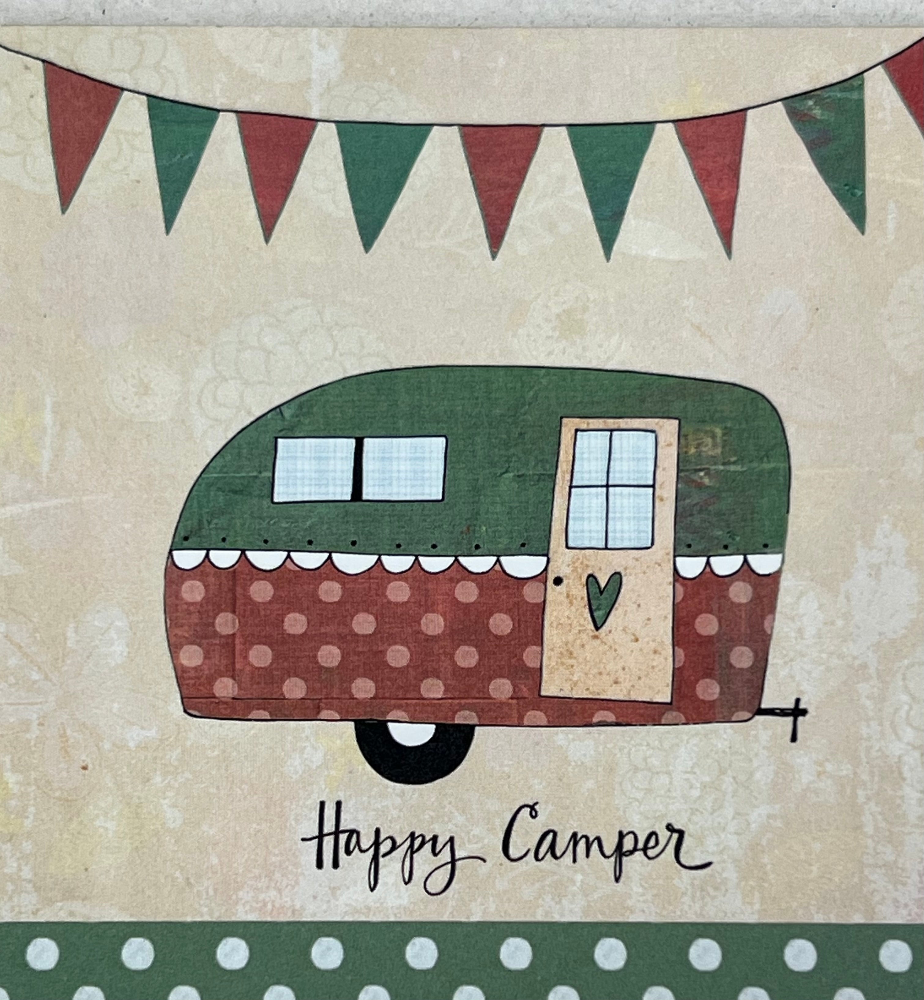 beige square with image of camper and and words Happy Camper under 