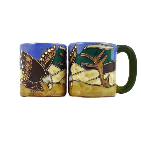 mara mug eagle , blue mug wit tan accents and image of eagle 