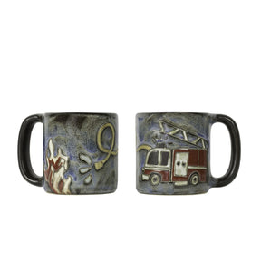mara mug fire truck blueish mug with image of fire truck 
