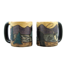 mara mug fisherman , tan brown mug with image of a fisherman 