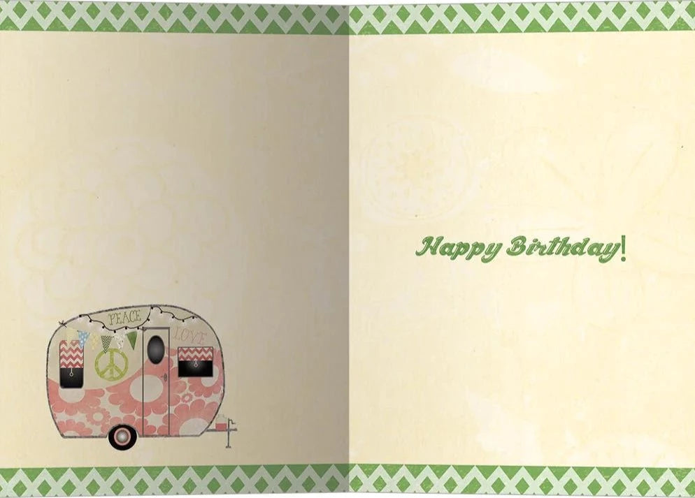 inside cars says happy birthday with a drawing of camper on left 