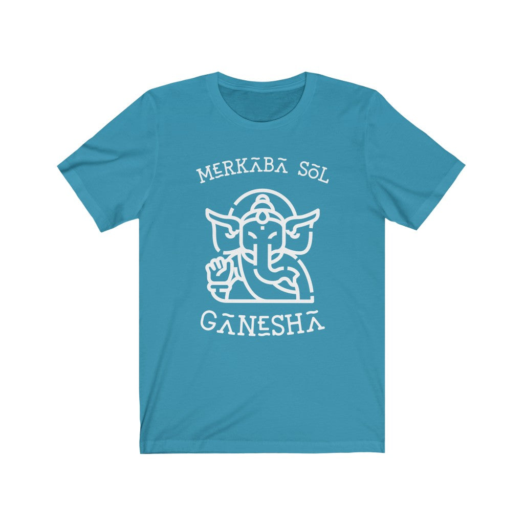 Ganesha the breaker of obstacles. Bring inspiration and empowerment to your wardrobe with this Ganesha t-shirt in aqua color or give it as a fun gift. From merkabasolshop.com