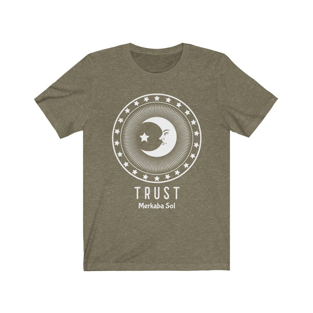 Trust in the Moon. Bring inspiration and empowerment to your wardrobe with this trust in the moon t-shirt in olive color or give it as a fun gift. From merkabasolshop.com