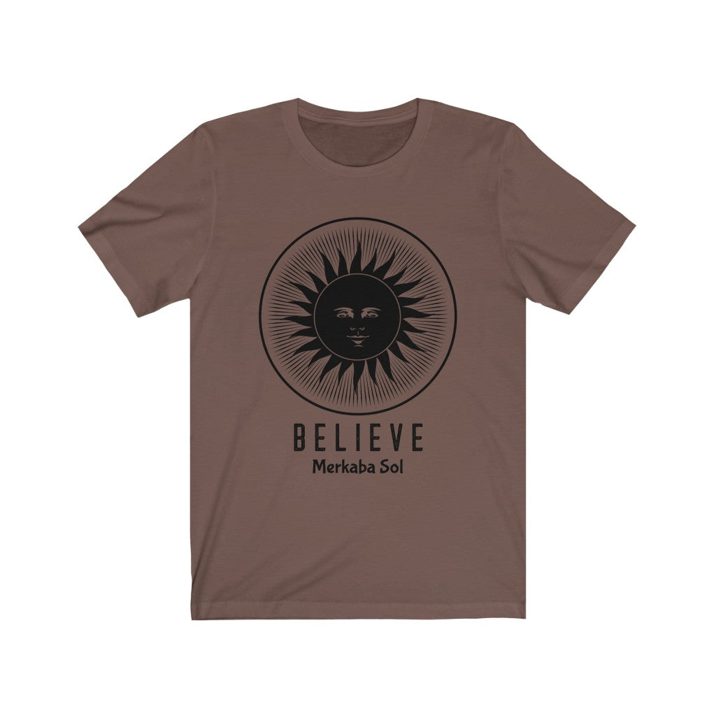 The sun inspires us to Believe. Bring inspiration and empowerment to your wardrobe with this believe sun t-shirt in brown color or give it as a fun gift. From merkabasolshop.com