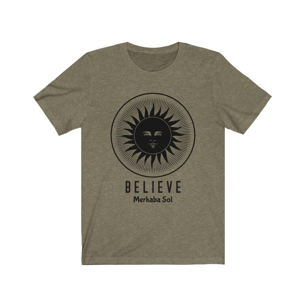 The sun inspires us to Believe. Bring inspiration and empowerment to your wardrobe with this believe sun t-shirt in olive color or give it as a fun gift. From merkabasolshop.com