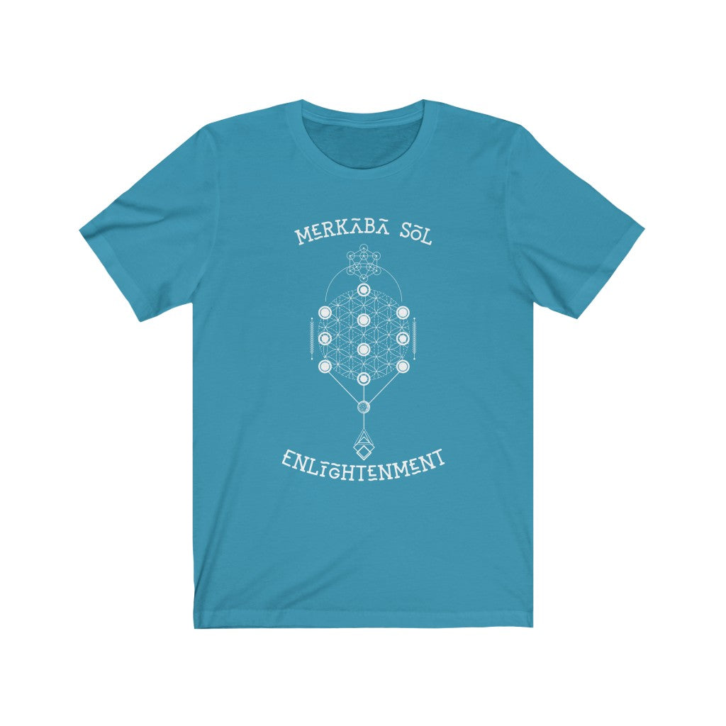 Merkaba Sol Enlightenment. Bring inspiration and empowerment to your wardrobe with this enlightenment t-shirt in aqua color or give it as a fun gift. From merkabasolshop.com