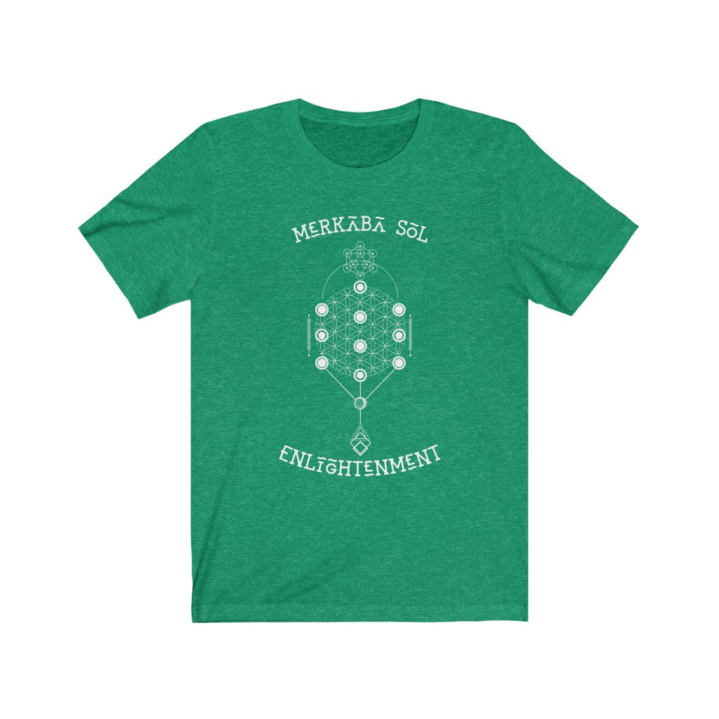 Merkaba Sol Enlightenment. Bring inspiration and empowerment to your wardrobe with this enlightenment t-shirt in kelly green color or give it as a fun gift. From merkabasolshop.com