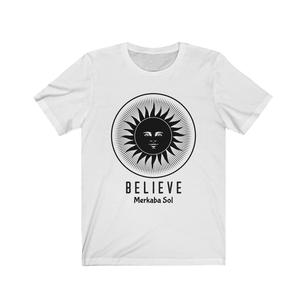 The sun inspires us to Believe. Bring inspiration and empowerment to your wardrobe with this believe sun t-shirt in white color or give it as a fun gift. From merkabasolshop.com