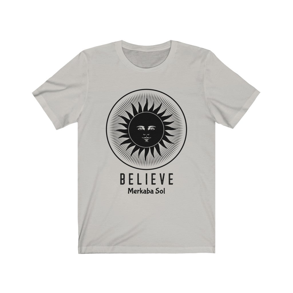 The sun inspires us to Believe. Bring inspiration and empowerment to your wardrobe with this believe sun t-shirt in silver color or give it as a fun gift. From merkabasolshop.com