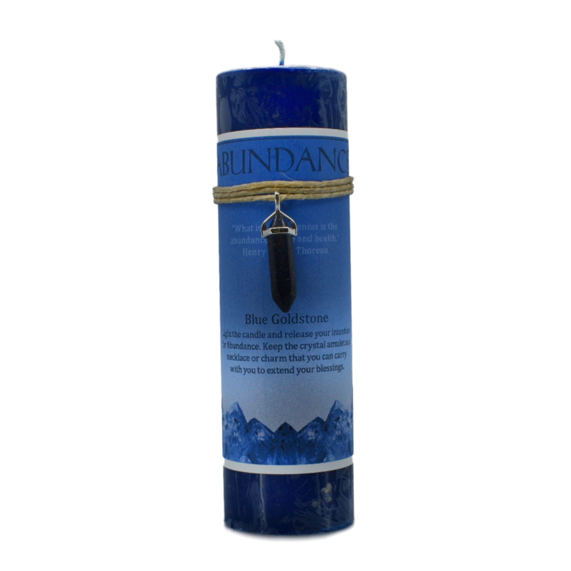 Abundance Crystal Pendant Candle with double pointed blue goldstone crystal.  Fresh rain scented blue candle.  Use this candle for abundance.