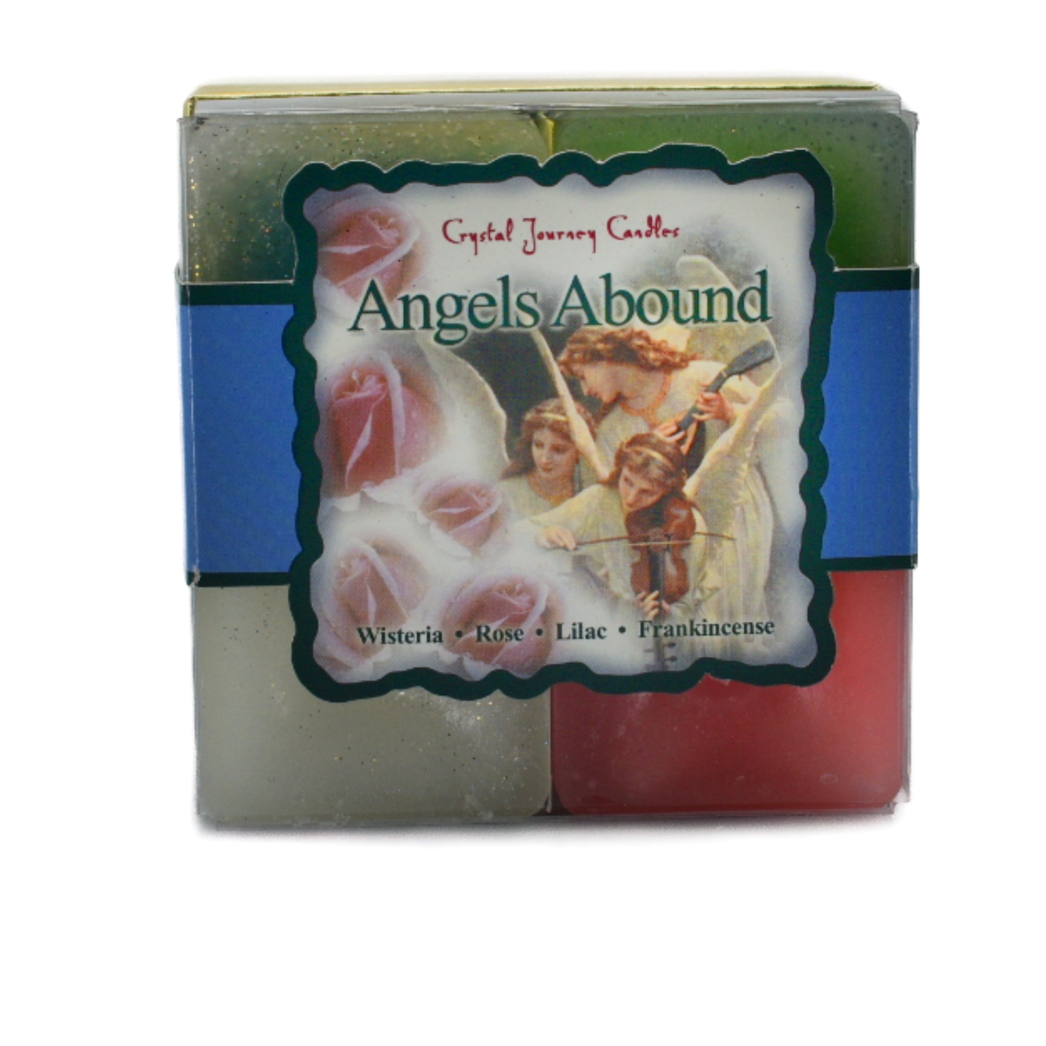 Angels Abound Square Pack Candles has 4 varieties: Wisteria - Healing, Frankincense - Protection, Rose - Love, and Lilac - Creativity.  Gather the angels with these 4 beauties.
