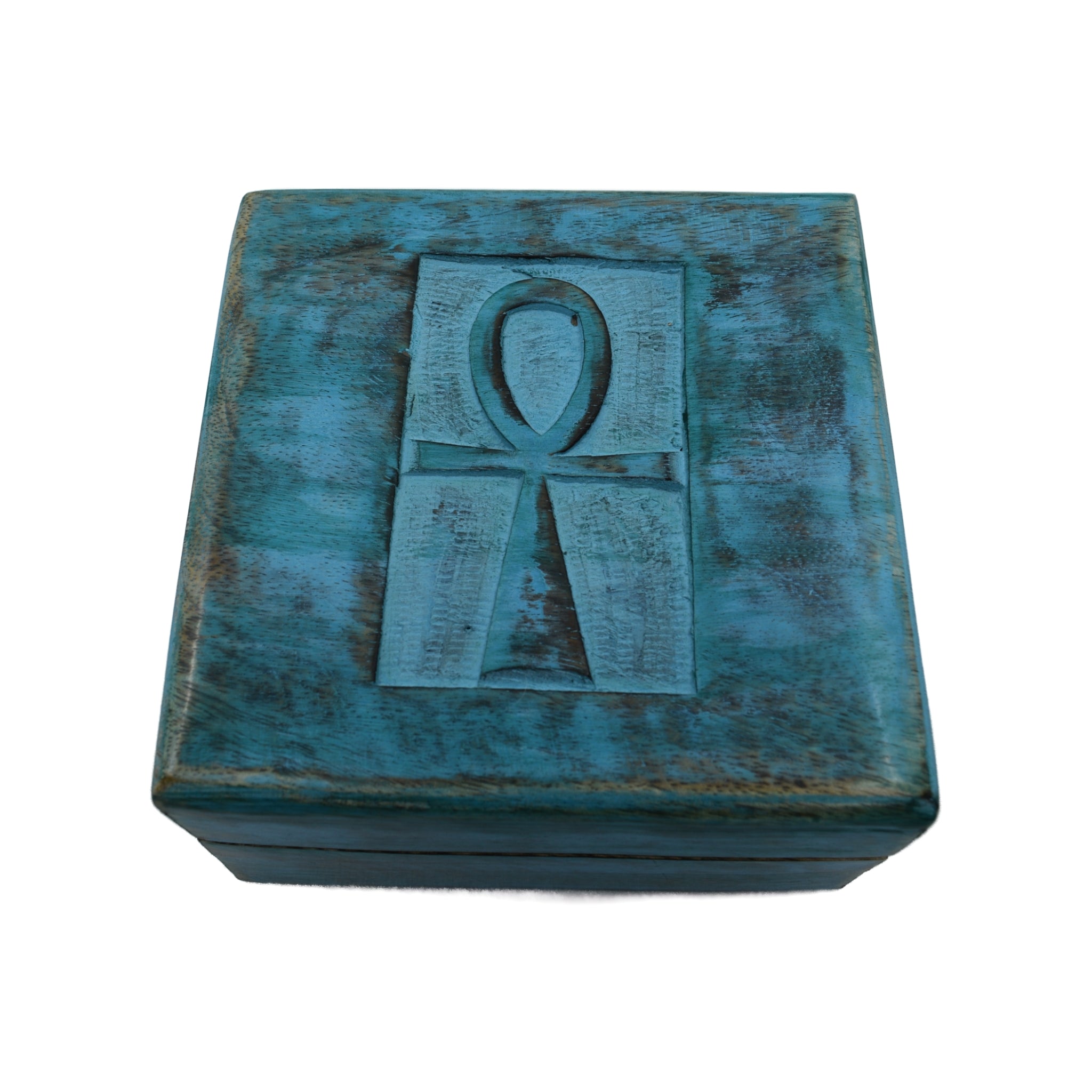 Square, blue wood Box, engraved Ankh on top 