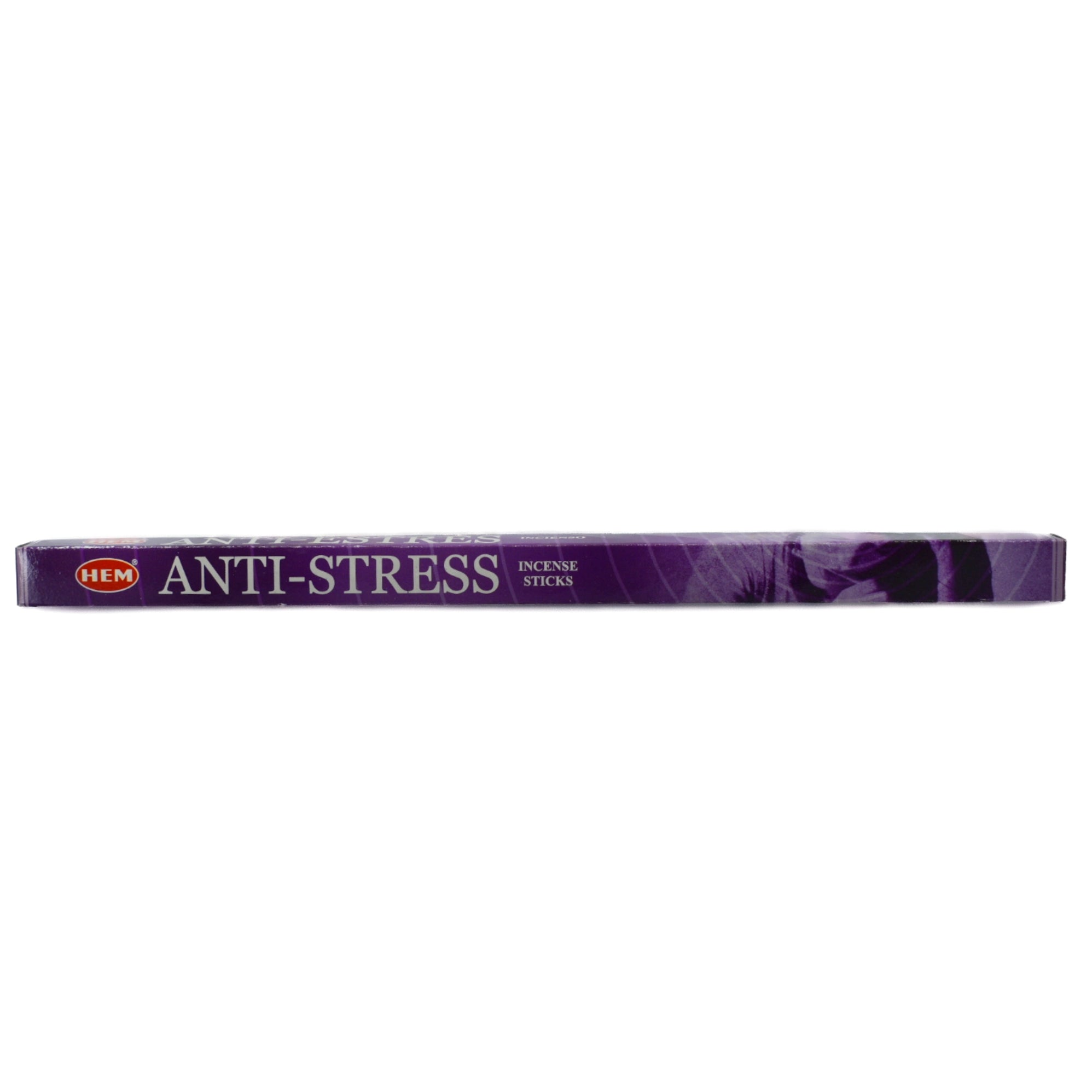 Anti Stress Incense Sticks.  The box is purple with the righthand side showing a female head and shoulders .  The left hand half has the company name Hem in a red oval.  The title  states Anti-Stress Incense sticks.  