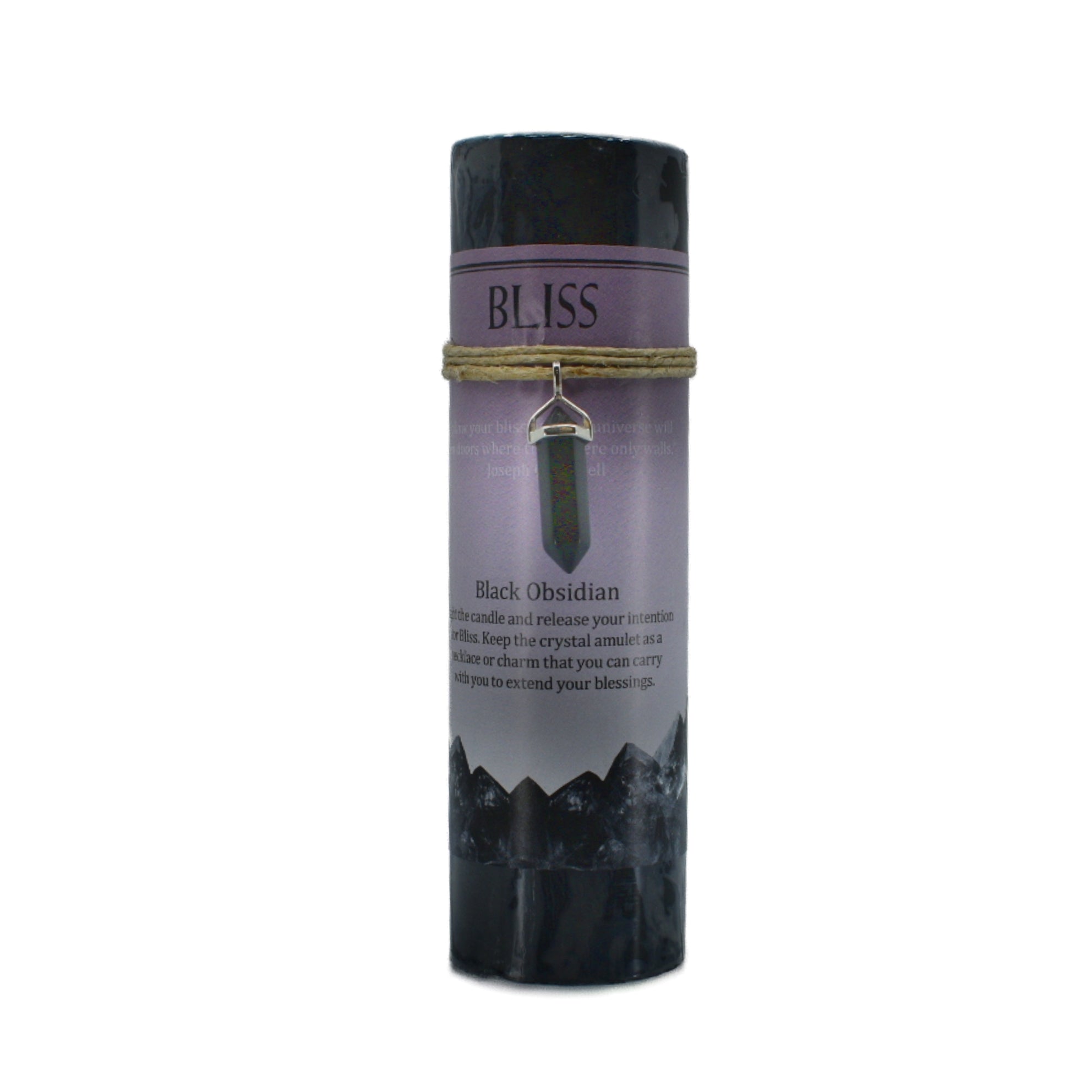 Bliss Crystal Pendant Black Candle has double pointed Black Obsidian crystal wrapped in metal.  Light the candle to find bliss and hang or carry the crystal amulet as a charm to extend your blessings.  The candle is black and has ginger blossom scent.