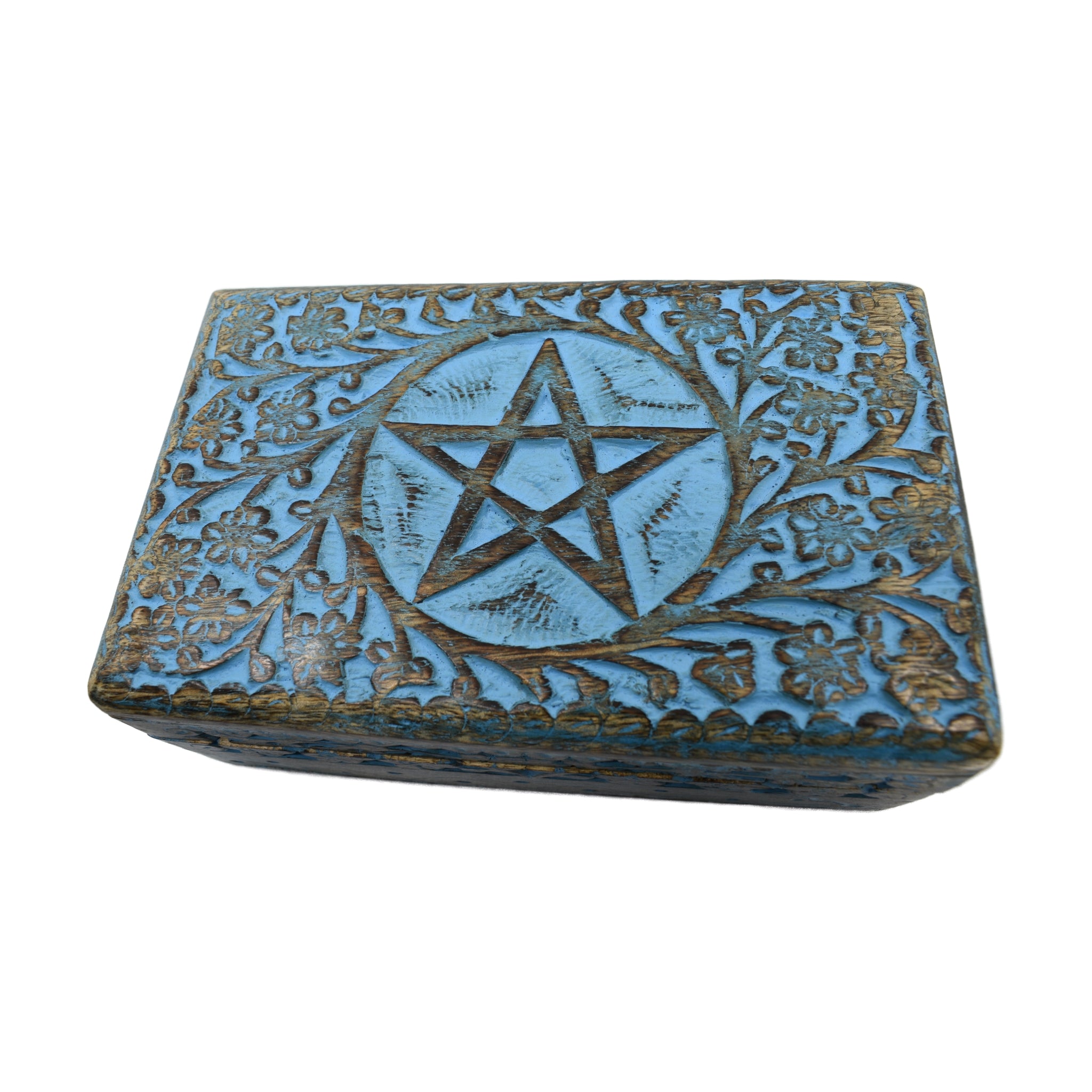 wood box blue pain carved pentacle with floral design 