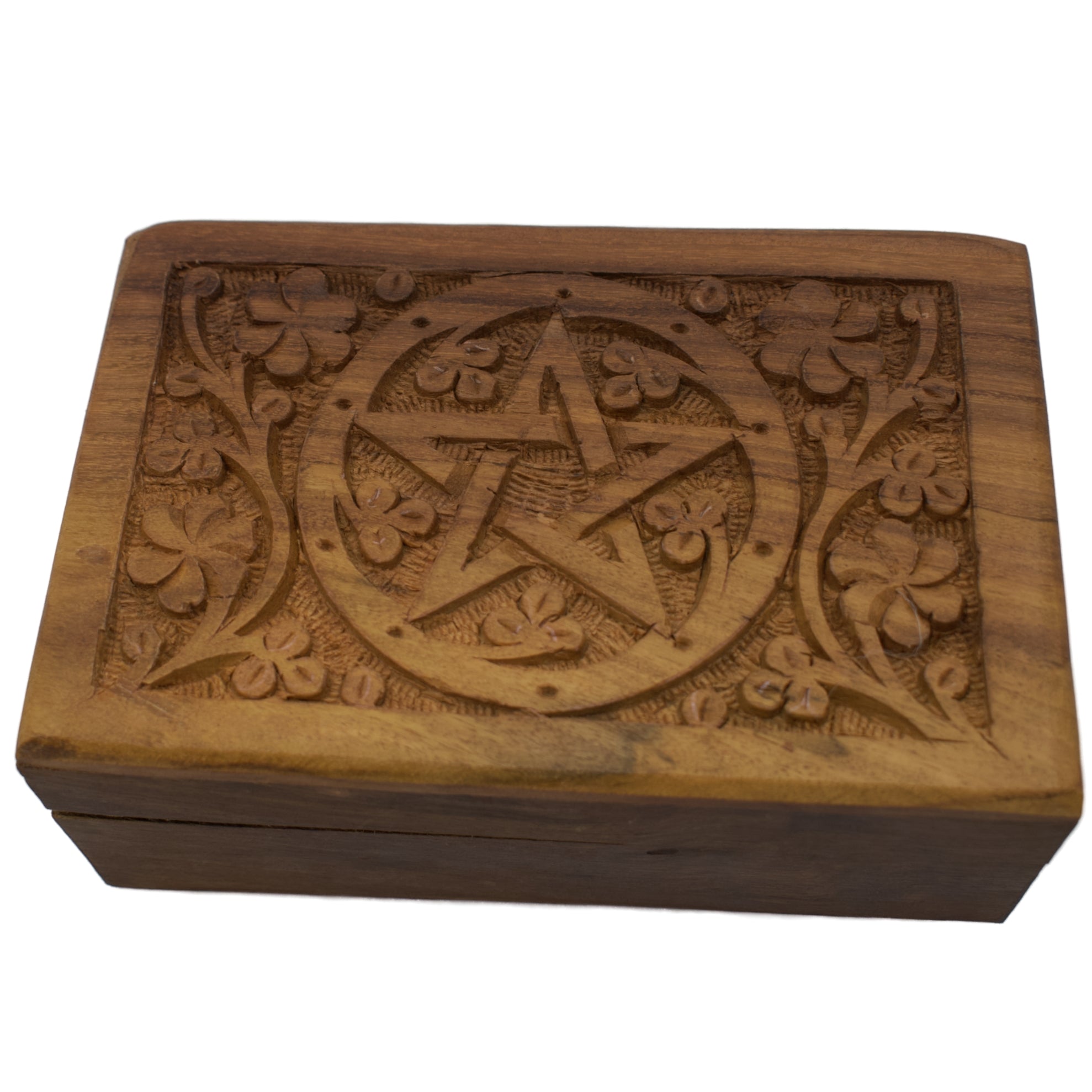 carved wood box with pentacle surrounded with flowers in center, fl