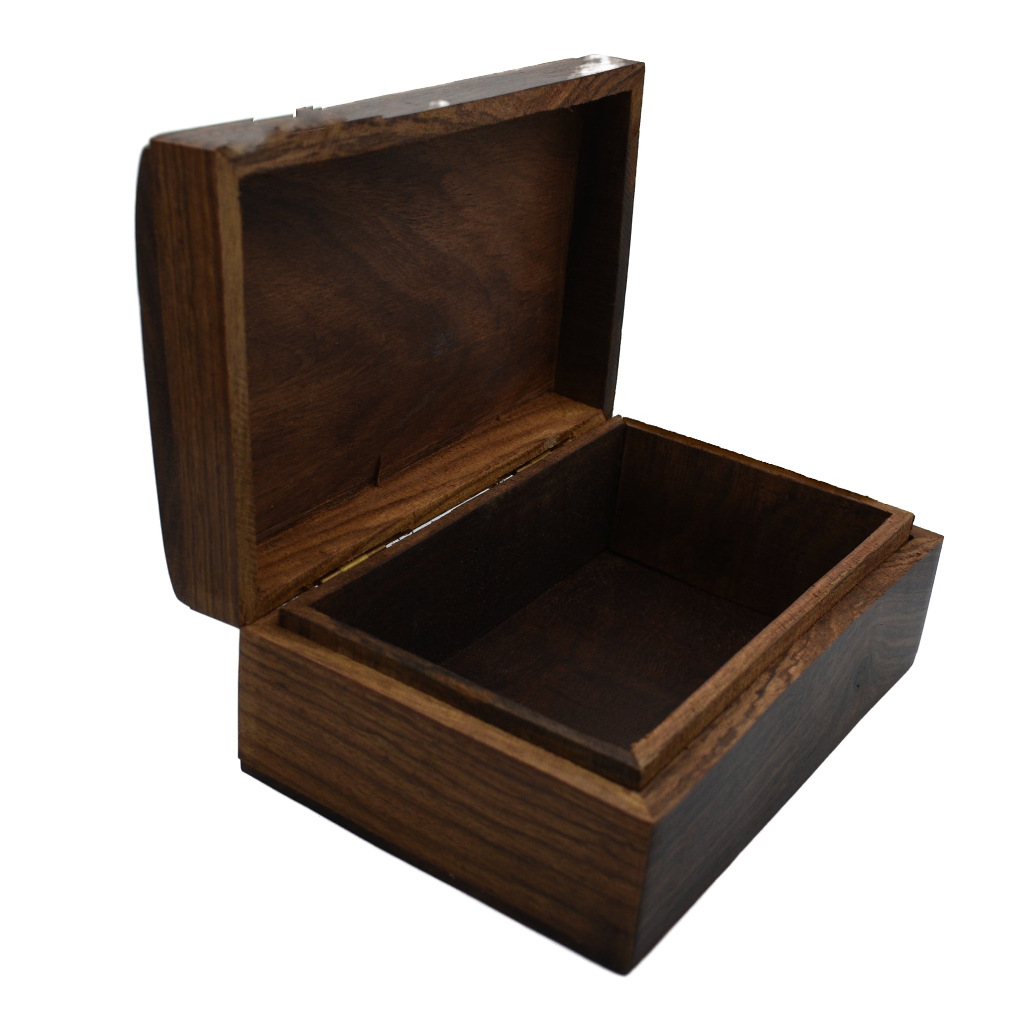 dark brown wooden box, open top 