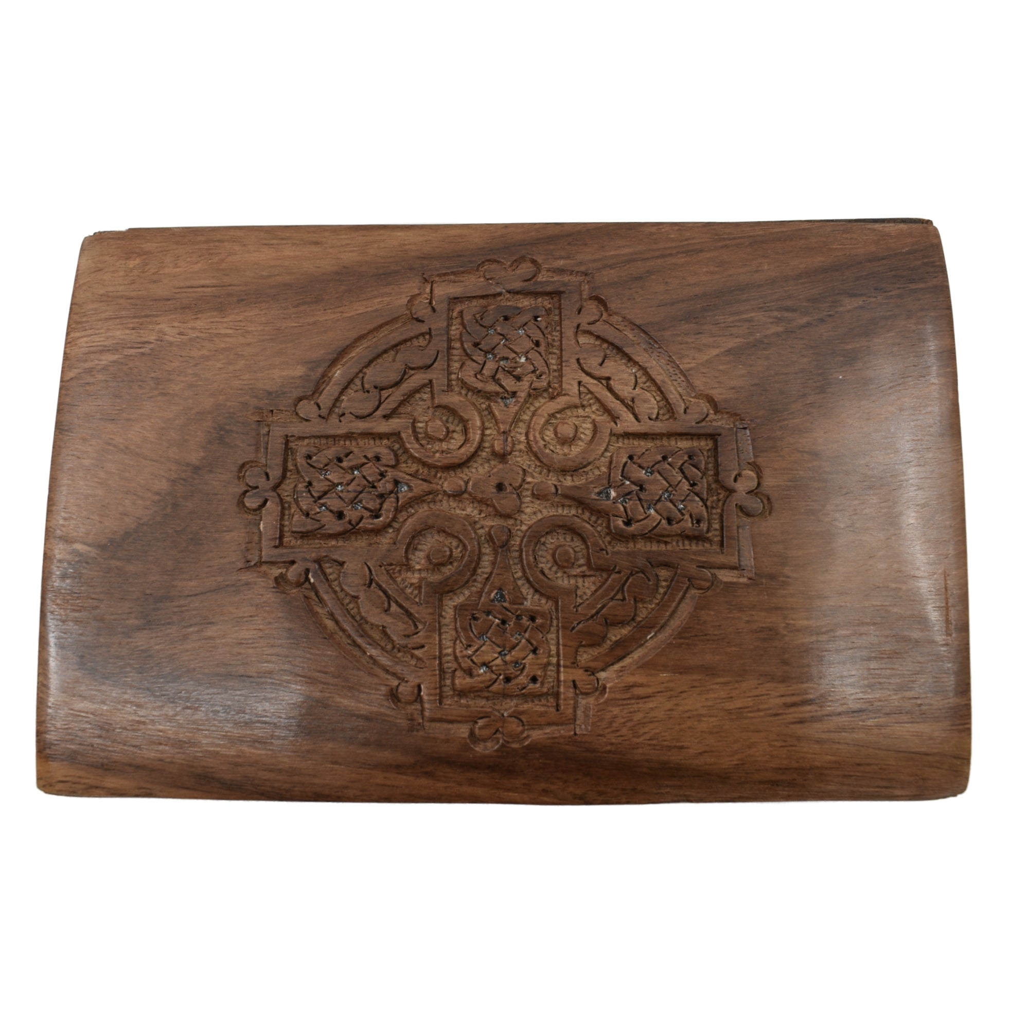 Smooth wooden box,  engraved Celtic cross, dark brown 