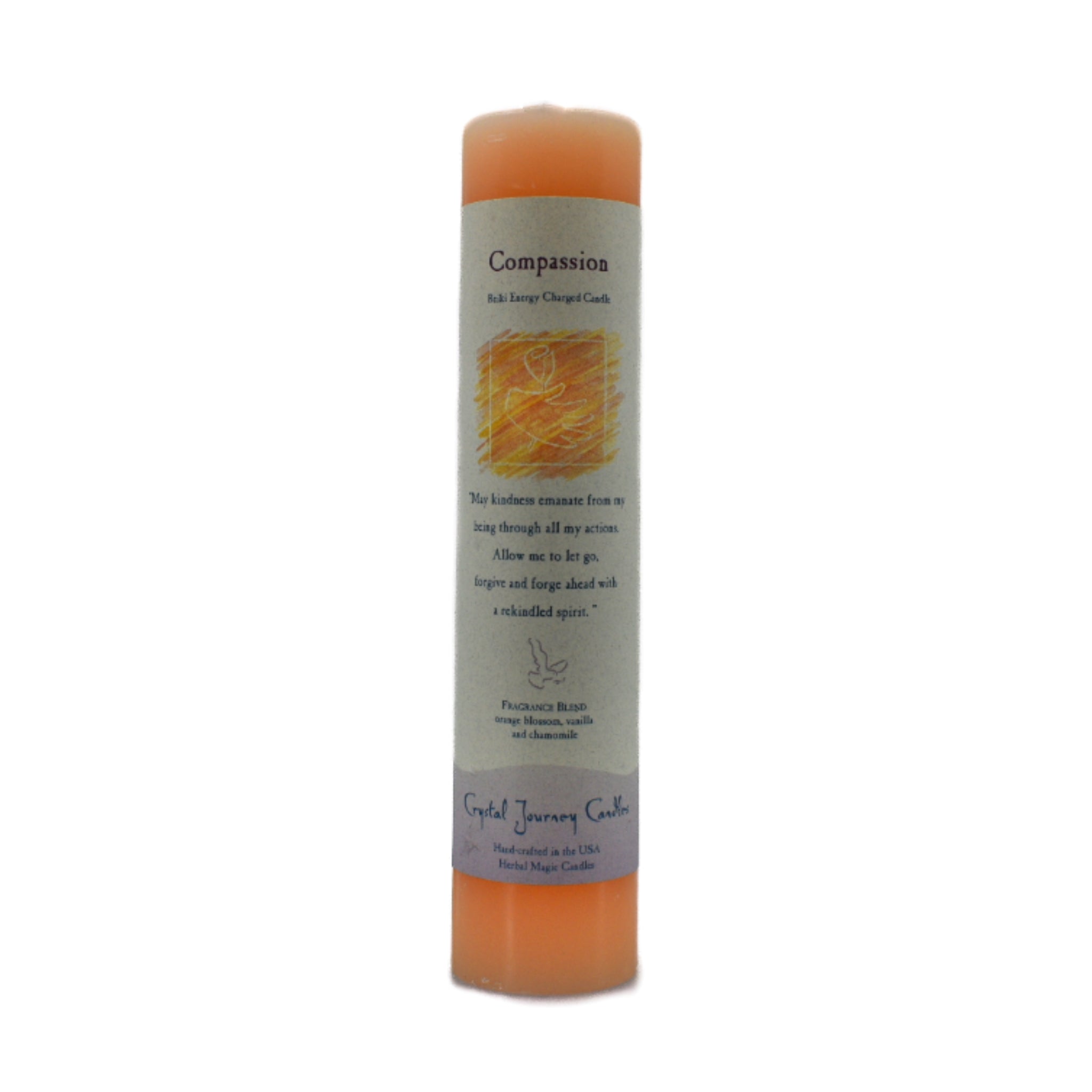 Compassion Pillar Candle.  Use to enhance your level of understanding and sympathy towards others.  Orange candle scented with chamomile, orange blossoms and vanilla.