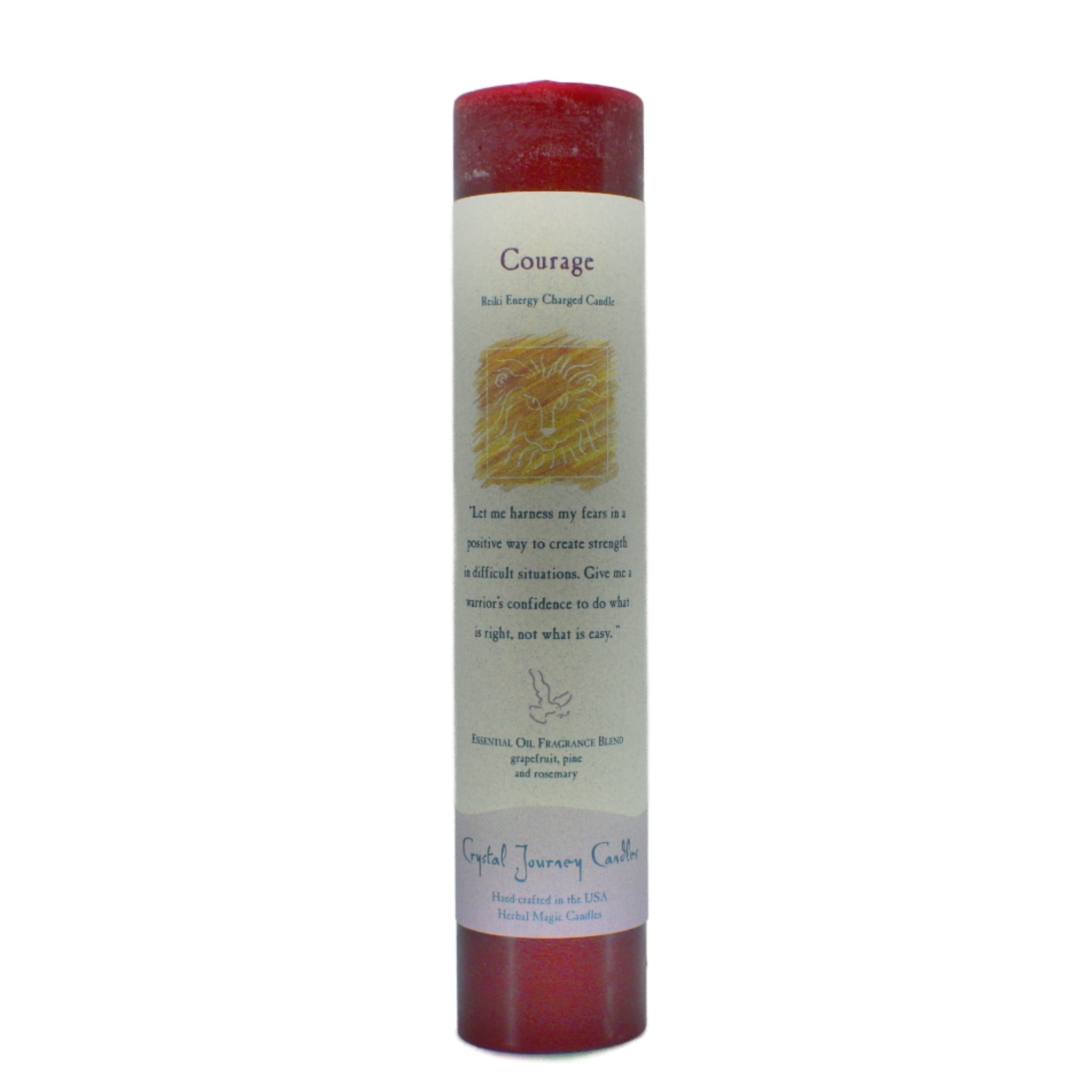 Courage Pillar Candle.  Red candle with grapefruit, pine and rosemary essential oils.  Use this candle to create strength in difficult situations, confidence to do what is right and not easy.
