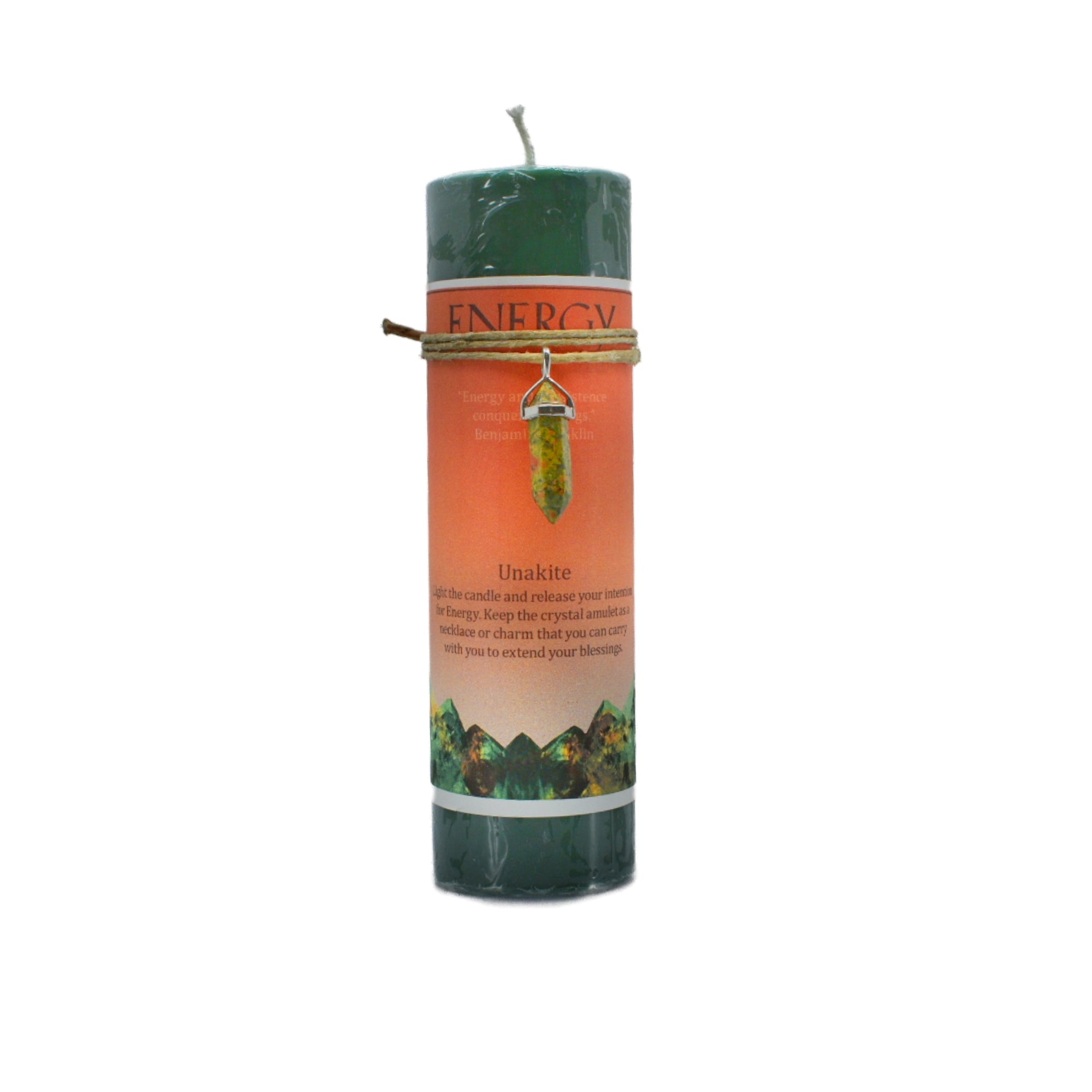 Energy Crystal Pendant Candle.  The candle is dark green and scented with garden herbs.  The double pointed crystal is Unakite.  Keep the crystal amulet as a necklace or charm.  Light this candle to release your intention for energy.