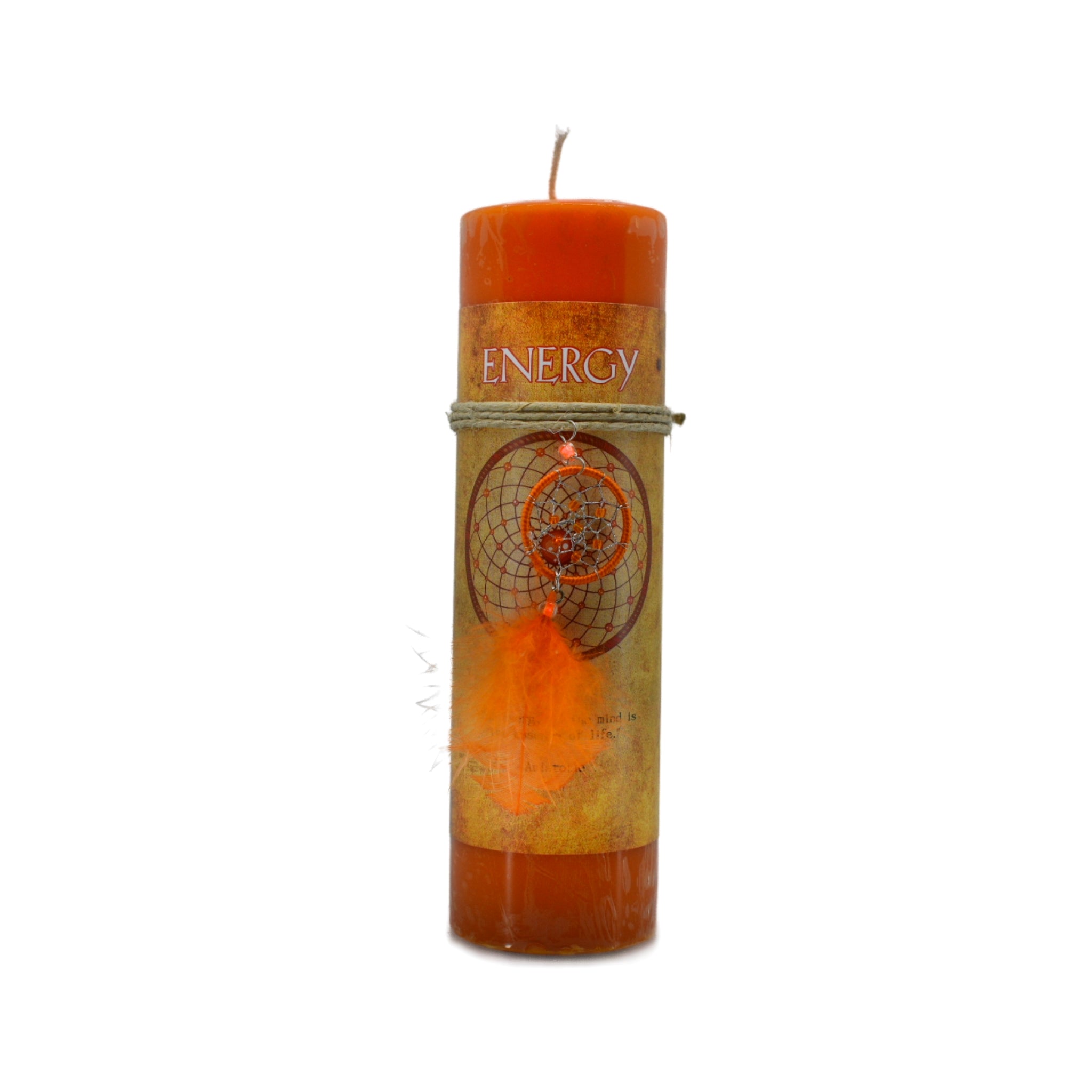 Energy Dream Catcher Candle.  Dream catcher is beaded and feathered.  It is not made by Native Americans.  The candle is orange color and scented.  