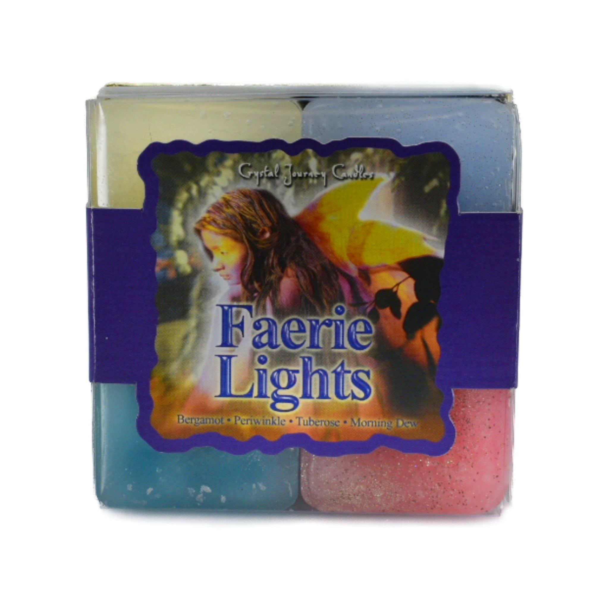 Faerie Lights Square Pack Candle.  A four pack candles with Bergamot, Tuberose, Morning Dew and Periwinkle to bring in the scent of the faerie world.