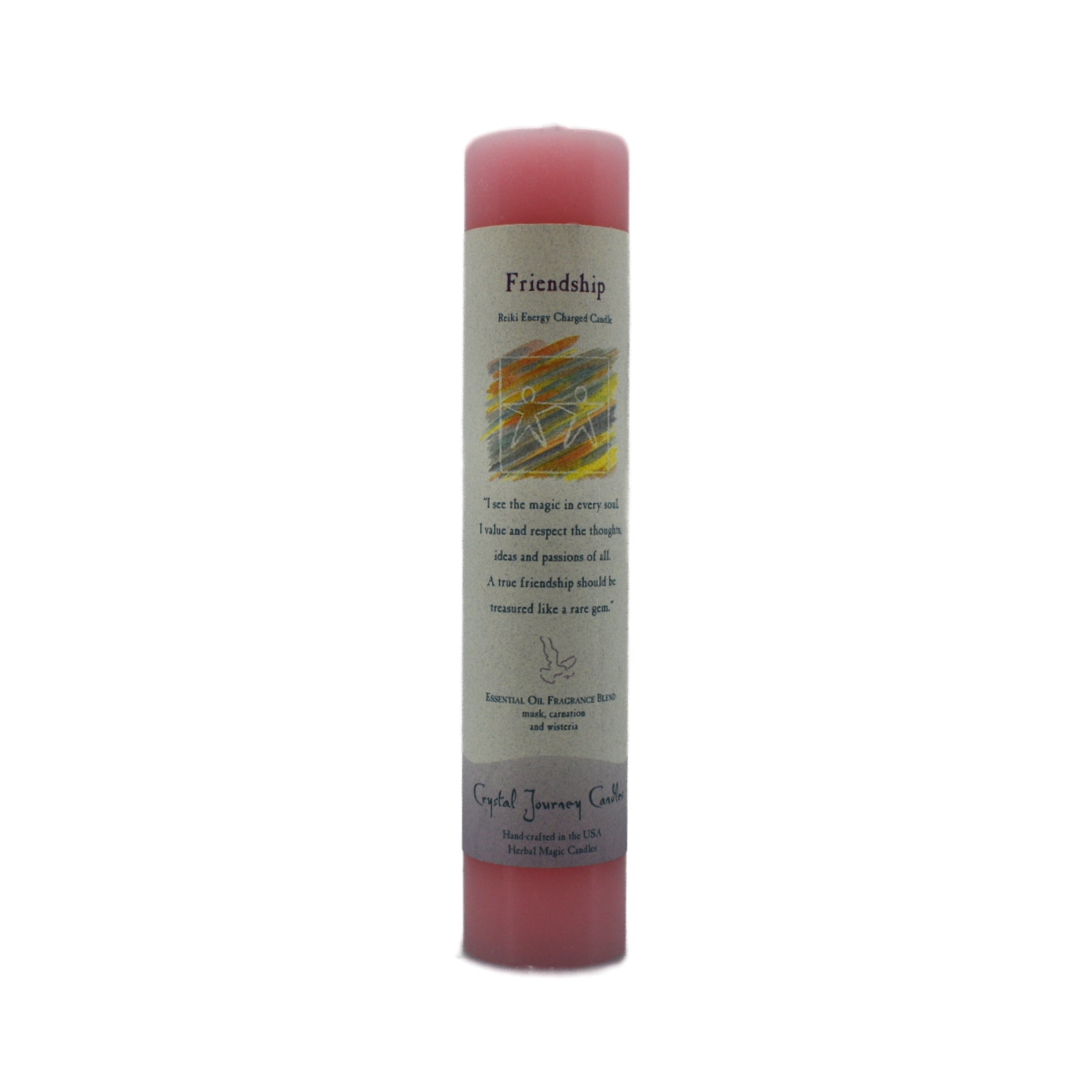 Friendship Pillar Candle.  This pink candle has musk, carnation and wisteria scented essential oils.  Use this candle to attract new friends or strengthen existing relationships.  