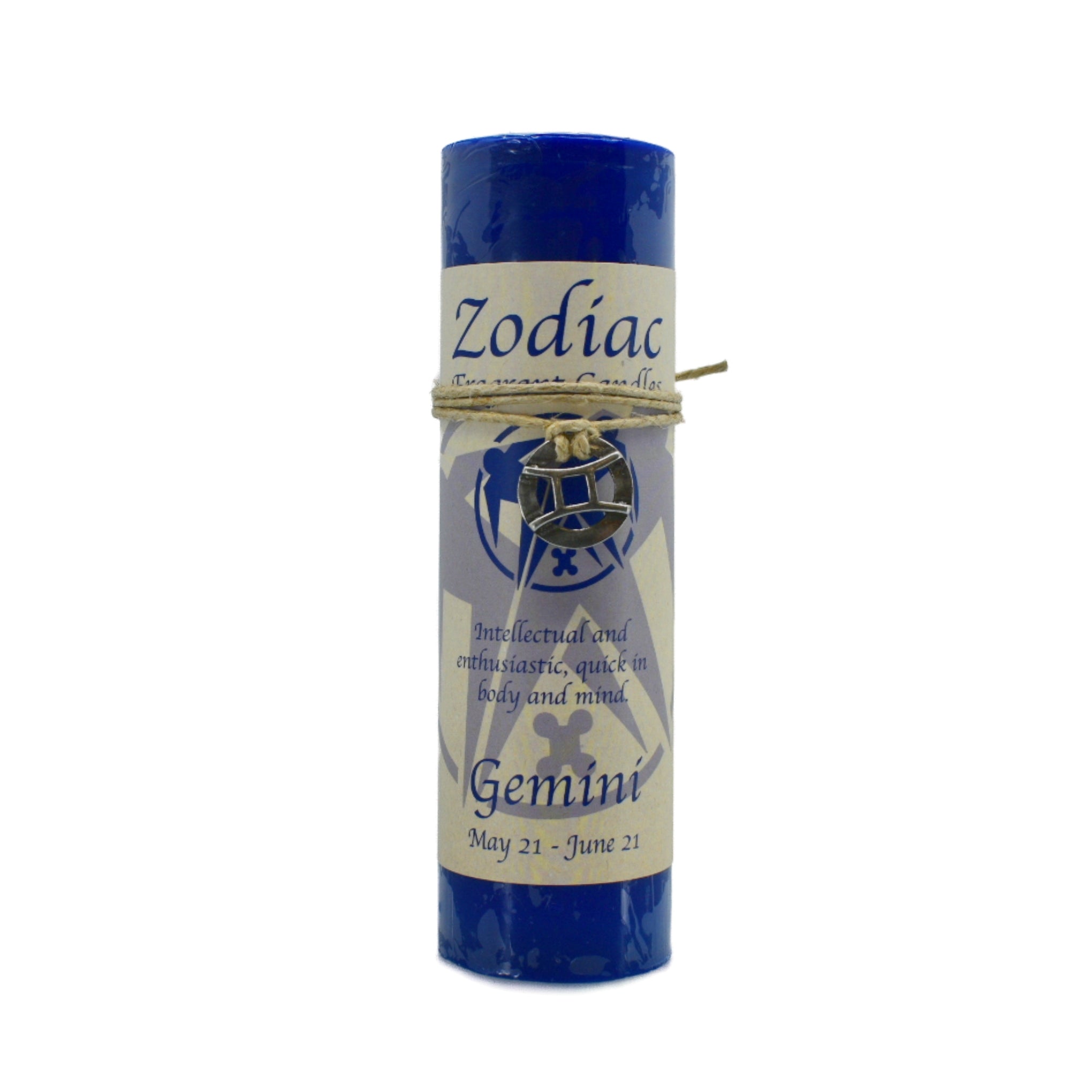 Gemini Zodiac Candle.  Candle is dark blue.  It has a pewter pendant attached that can be worn or used as an amulet.  Enthusiastic, intellectual, quick in body and mind.