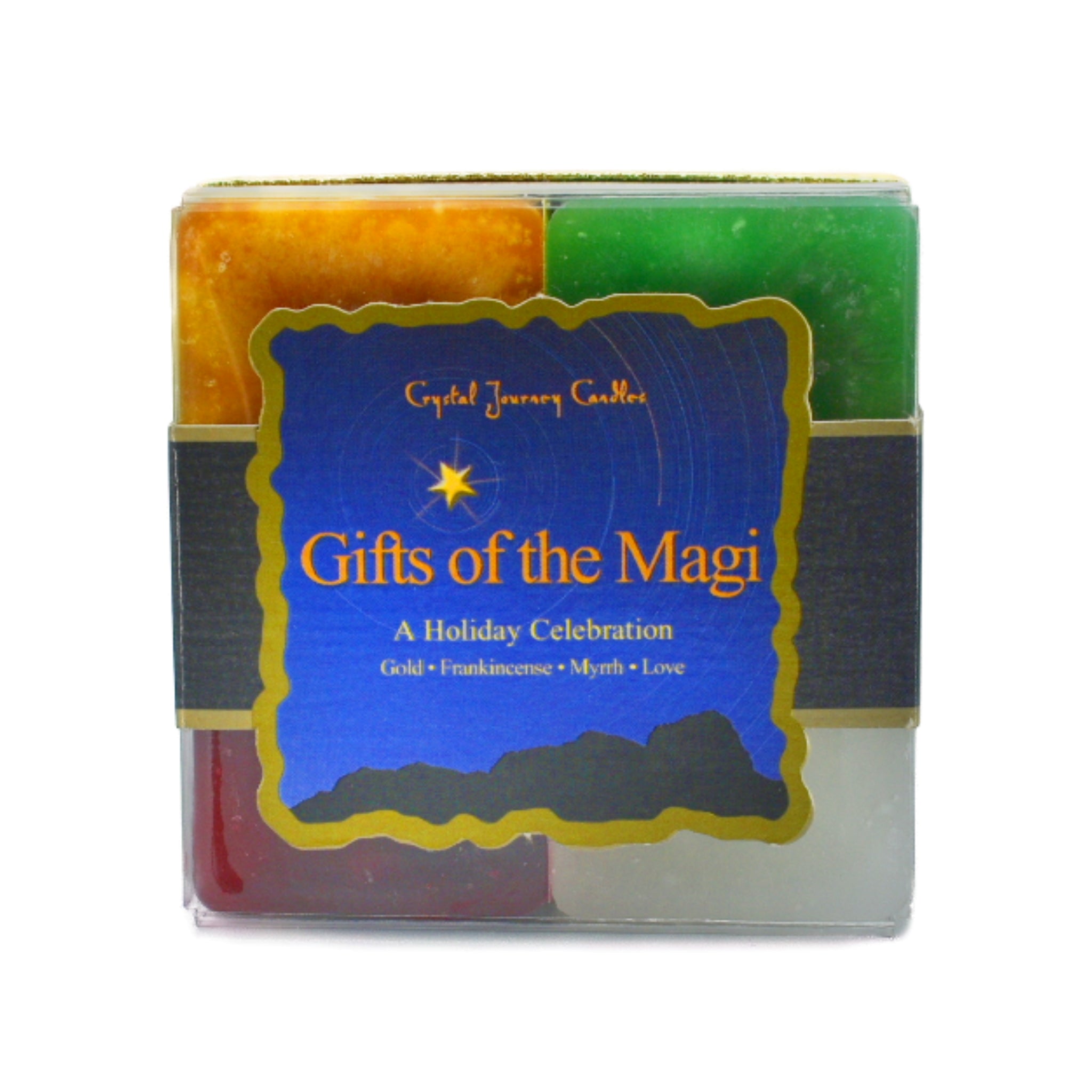 Gifts of the Magi Square Pack Candle.  scented with Frankincense, Myrrh, Gold and Love.  It embodies the sentiments of tradition, giving, sharing, new life and friendship.  Colors of the candles are green, white, red and orange.