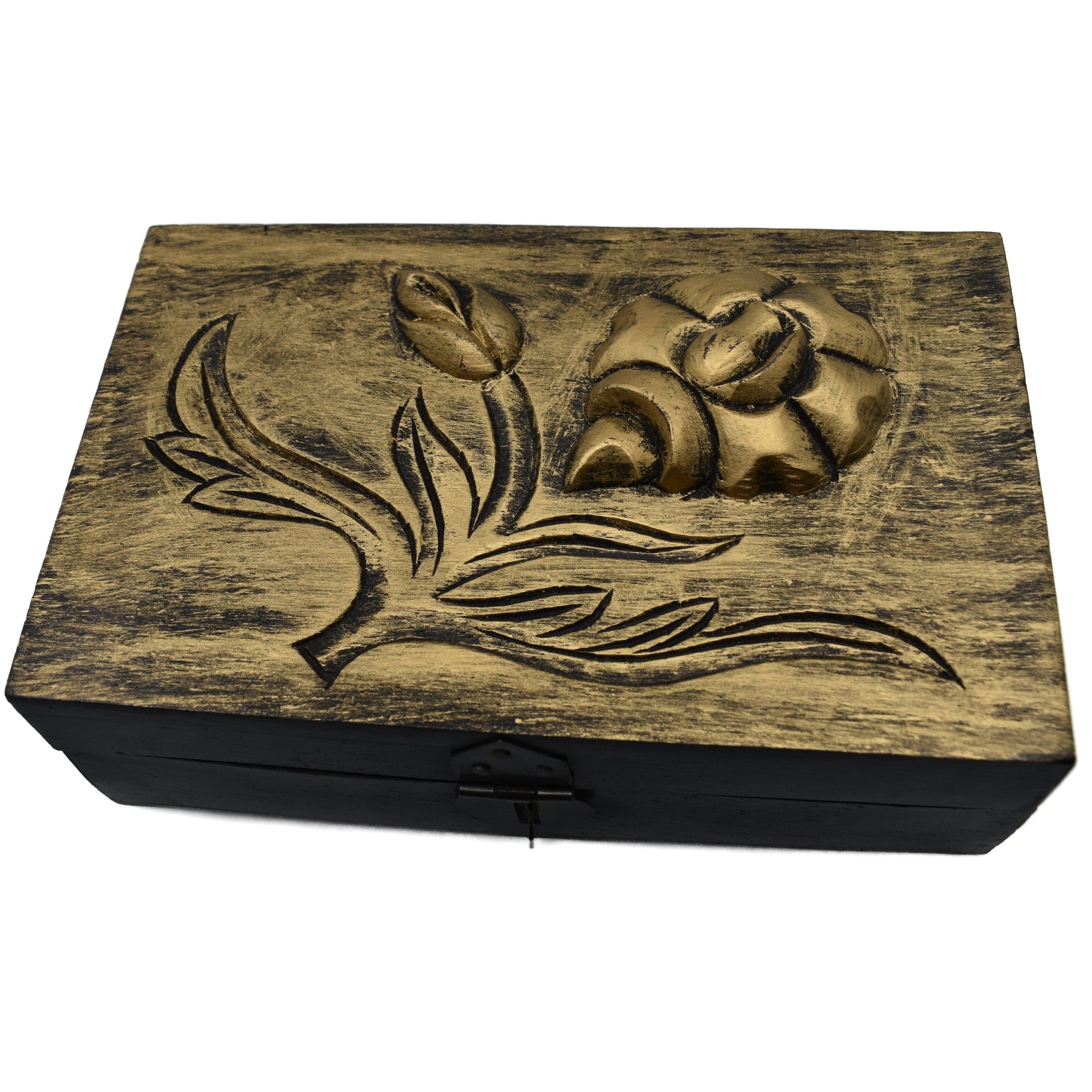 Wooden box with antique gold paint, carved rose mela coast on front 
