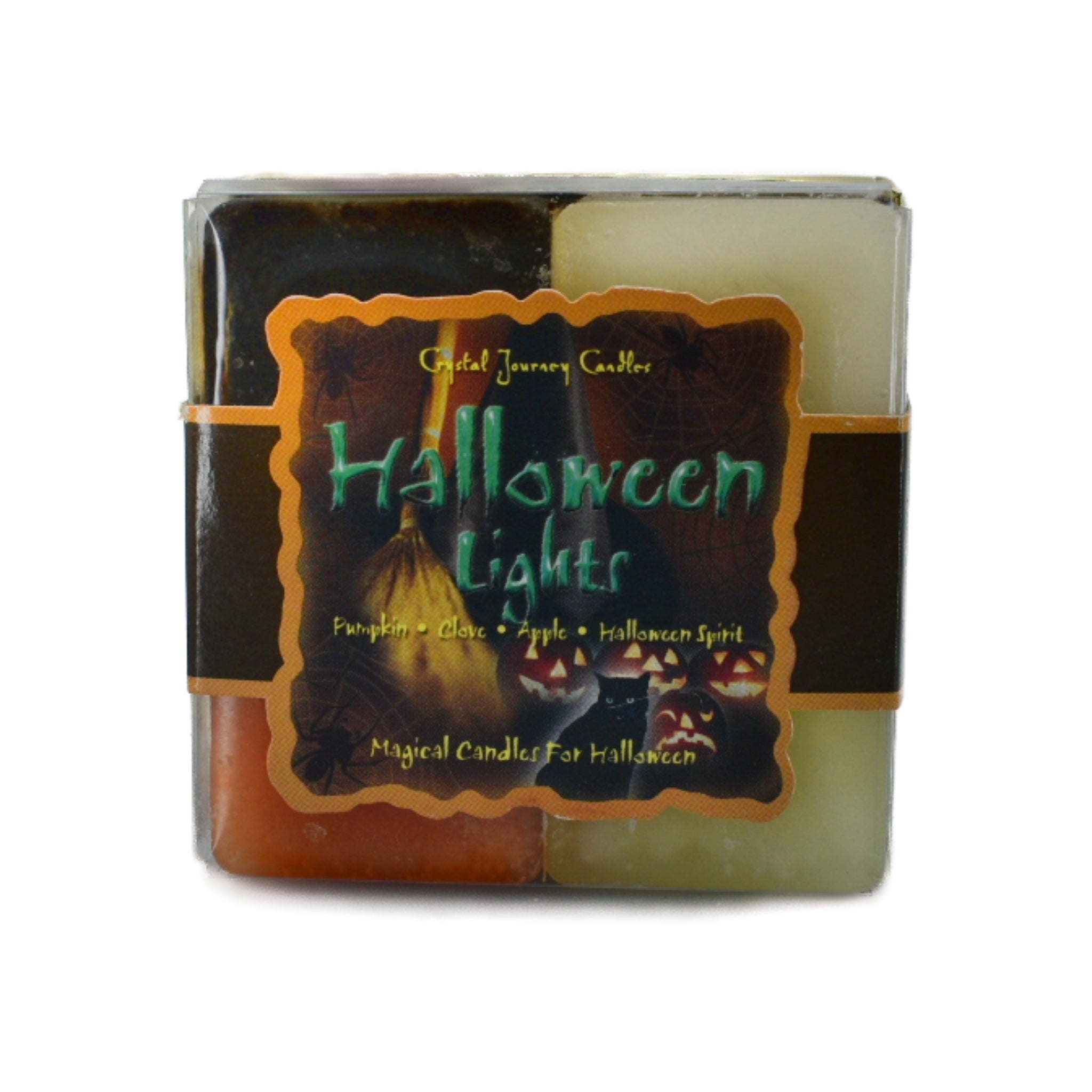 Halloween Square Pack Candle.  Scented apple, pumpkin, clove, and Halloween spirit.  Halloween night celebrates the last day of the ancient Celtic calendar.  The legendary roaming of witches, warlocks, and spirits that illuminate their way.  