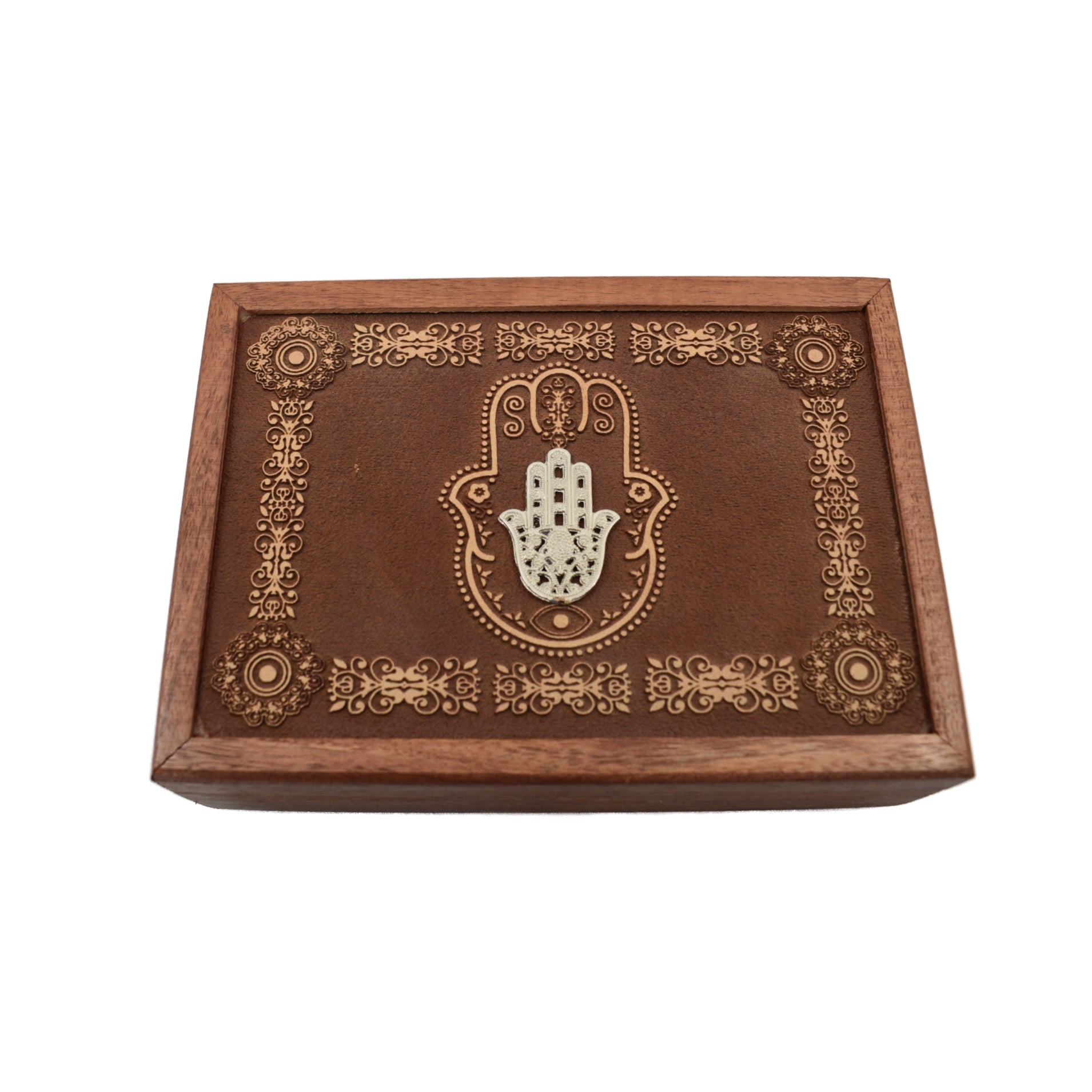 beautiful engraved box with lace like carving, etched Hamsa hand and an inlaid hand as well 