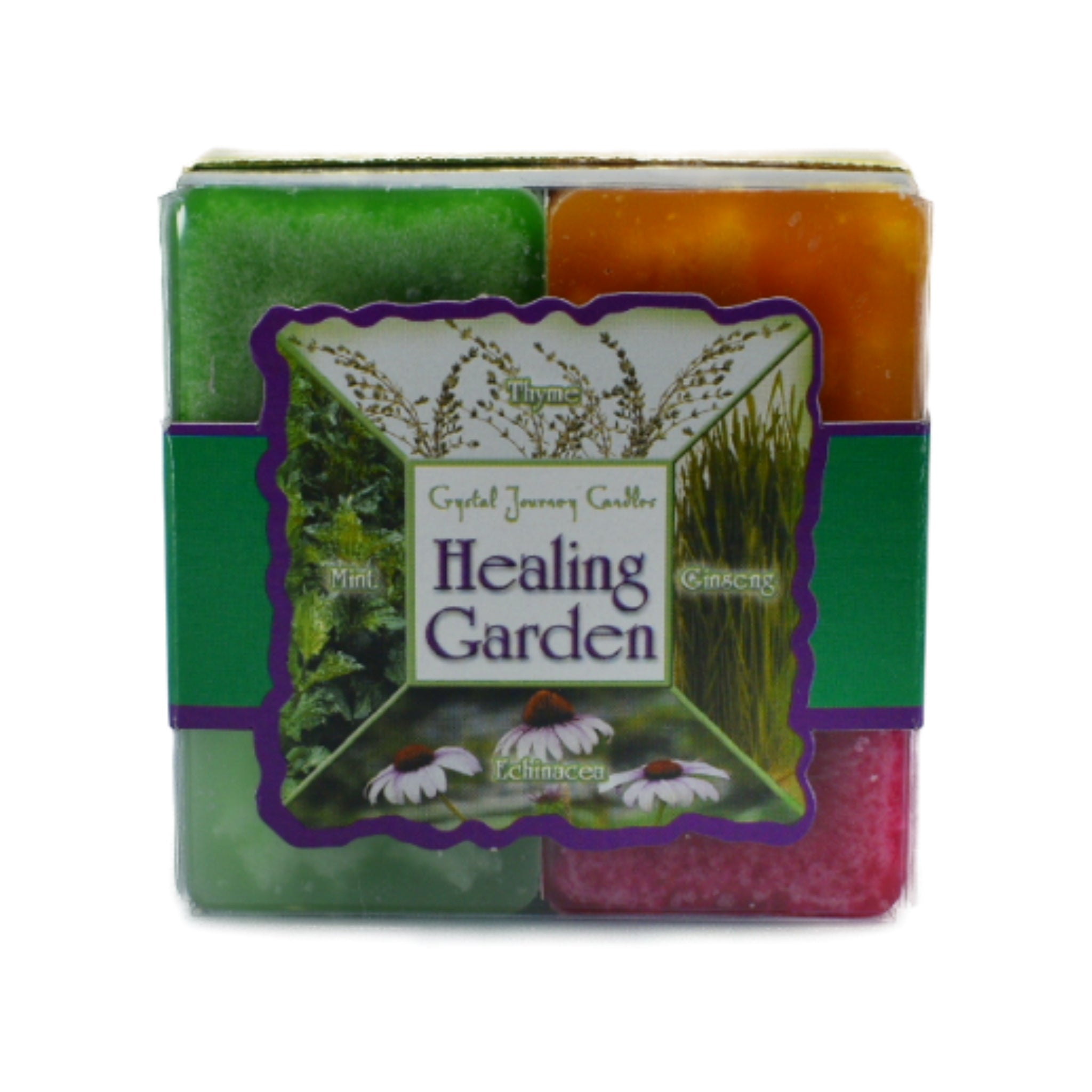 Healing Garden Square Pack Candle.  Light these candles to create their own therapeutic garden for healing qualities.  These candles are scented with Thyme, Mint, Ginseng and Echinacea from around the world.  