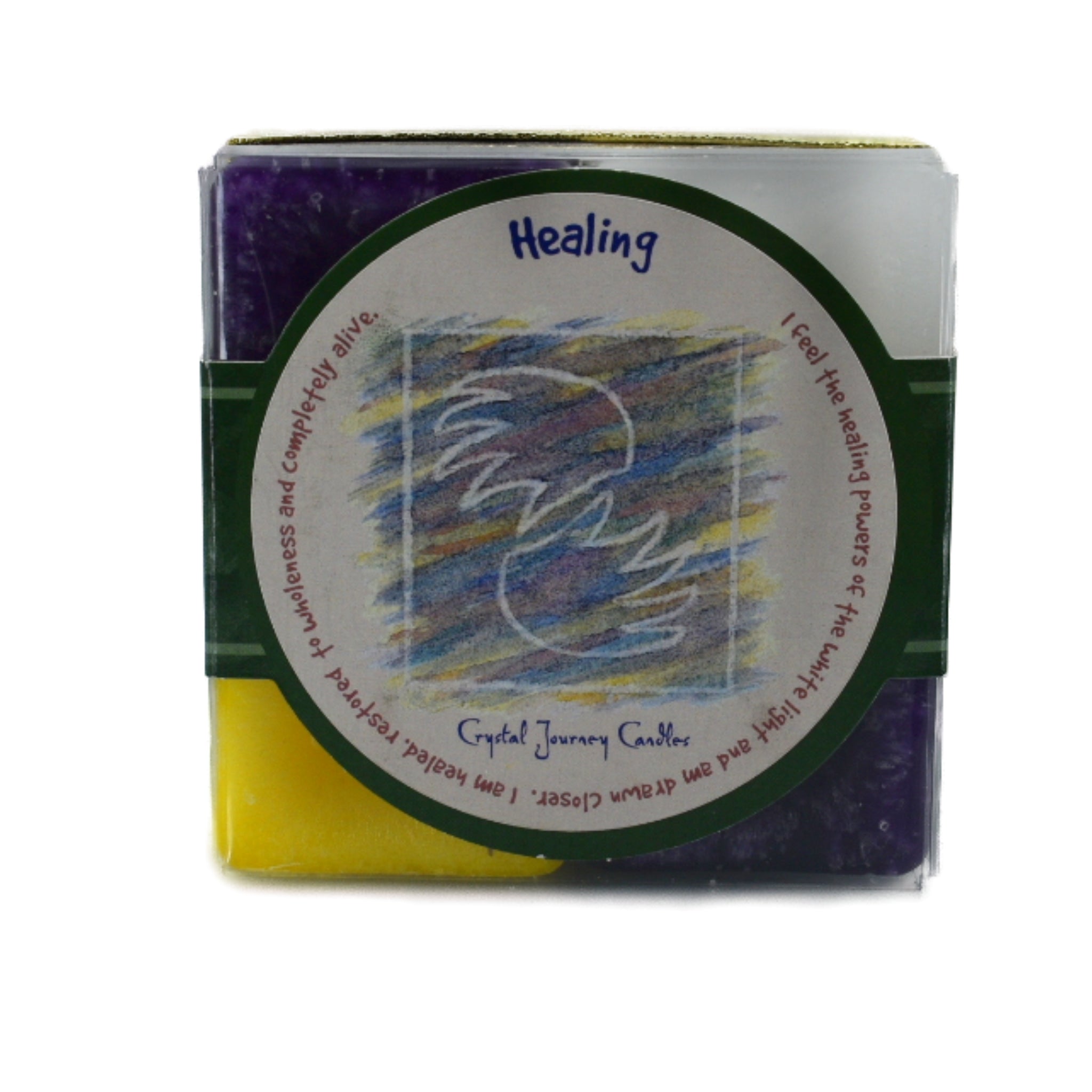 Healing Square Pack Candle.  Use to heal the body, mind, spirit, soul and positive energy.  Scented purple, yellow and white candles.