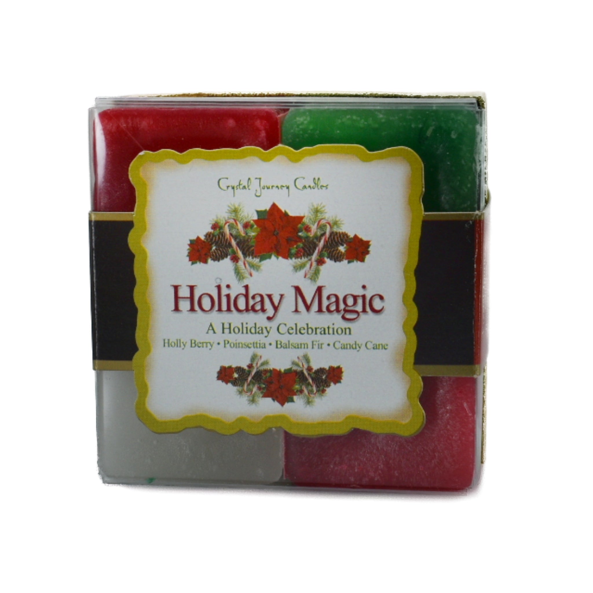 Holiday Magic Square Pack Candle.  Celebrate the holiday season and winter with these white, green and two red candles.  Candles are scented with poinsettia, balsam, holly berry and candy cane.  
