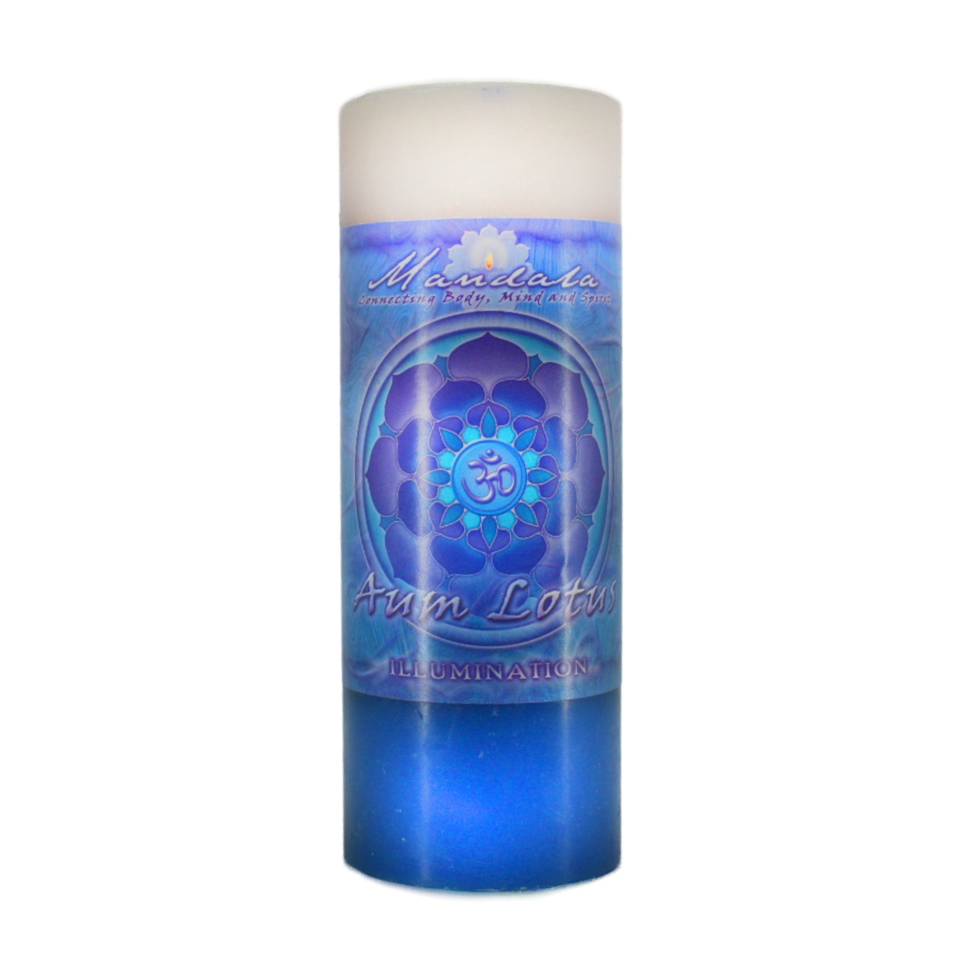 Illumination Mandala Candle.  Burn the candle to enhance: Truth & illumination, spiritual insight, and higher awareness and intent.  Scented with East Indian sandalwood, patchouli and amber.  Candle is white at the top and blue at the bottom.