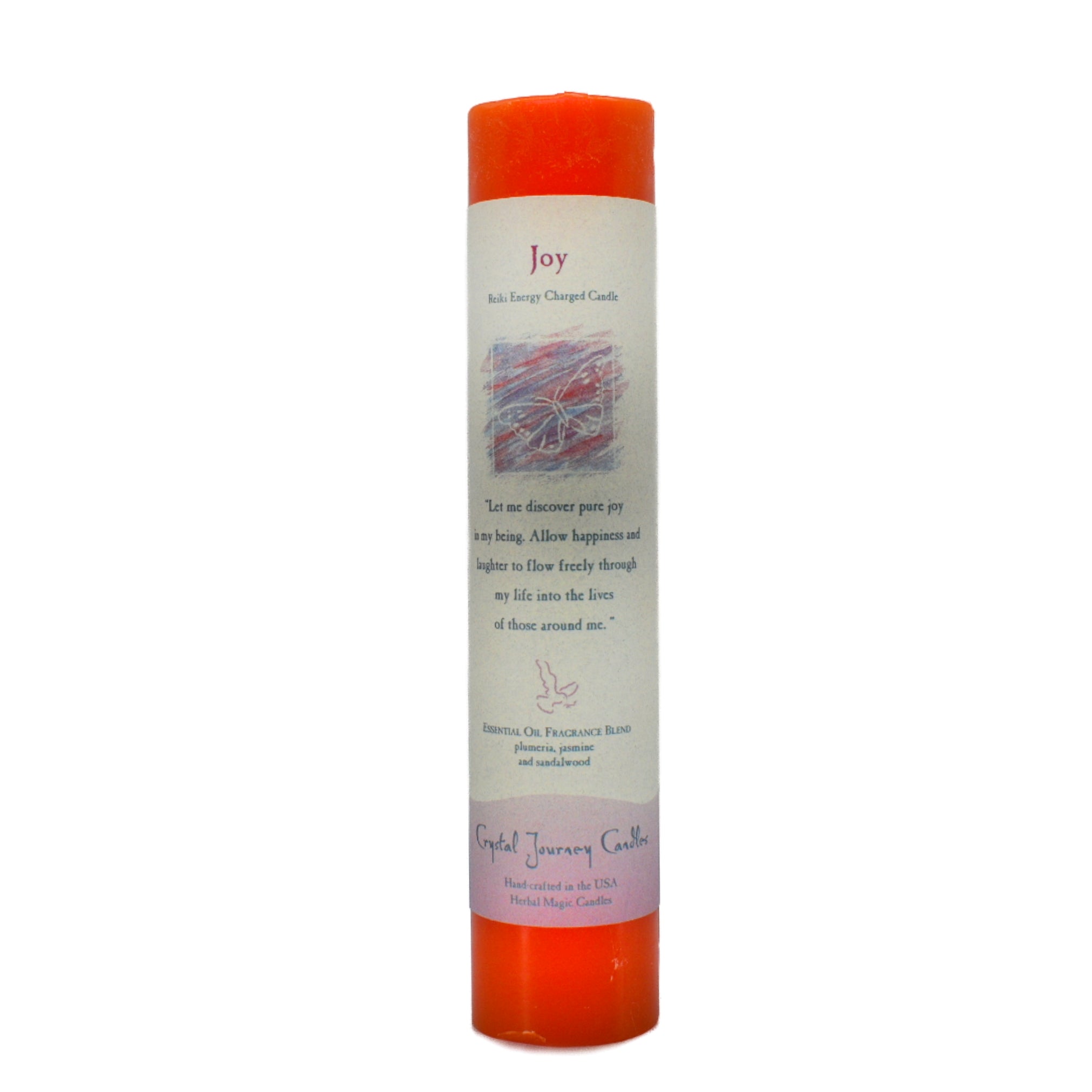 Joy Pillar Candle.  This candle is used to create a home filled with love and caring.  Scented with essential oils of plumeria, jasmine and sandalwood.  The color of the candle is orange.