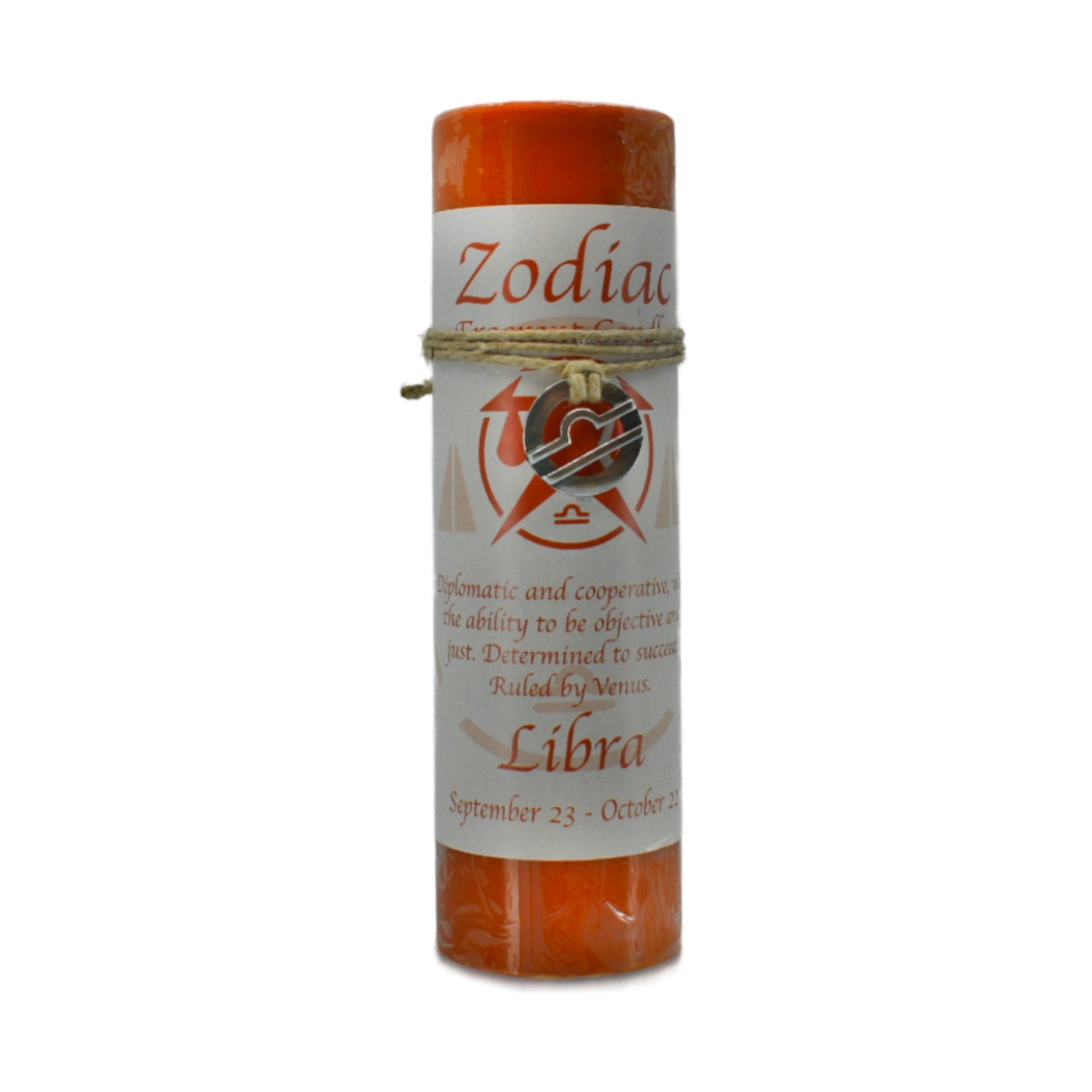 Libra Zodiac Pendant Candle.  Libra's a diplomatic and cooperative, with the ability to be objective and just, and determined to succeed.  Candle is a burnt orange color.