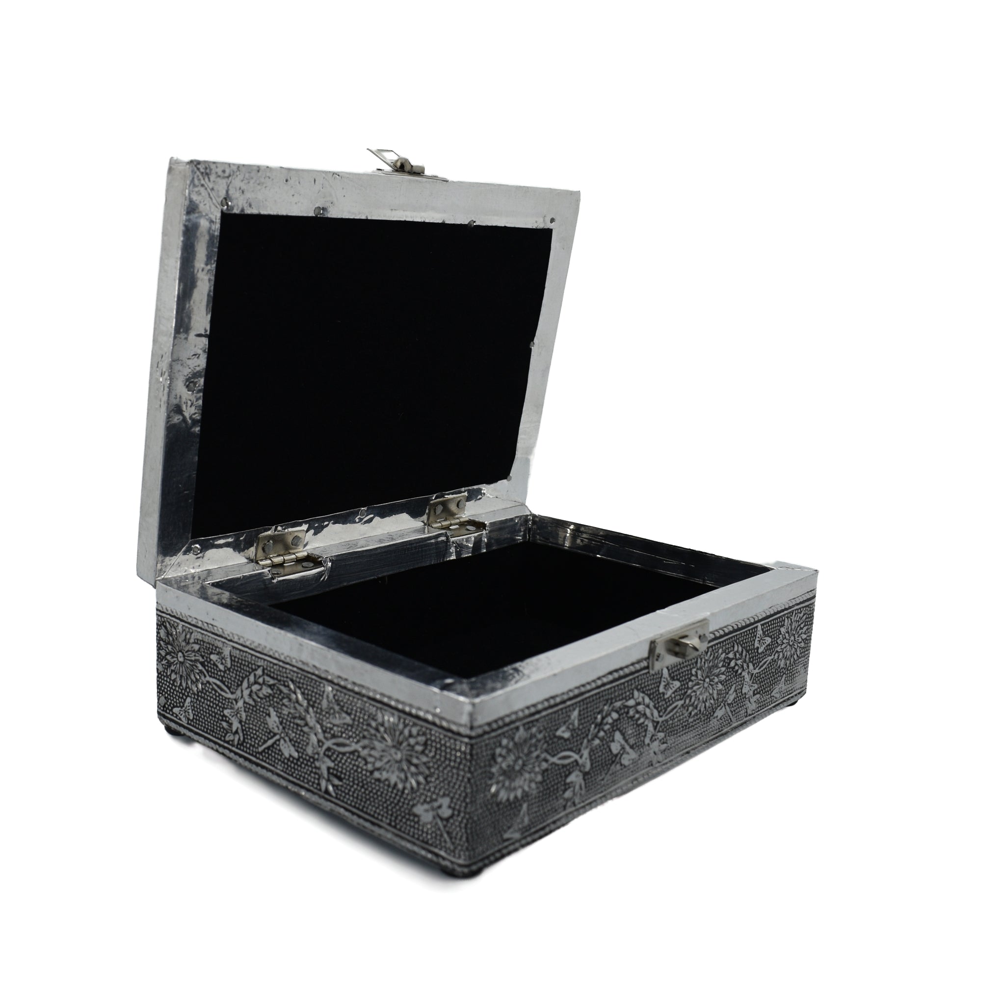 wood box covered in silver colored metal Open with black cloth interior 