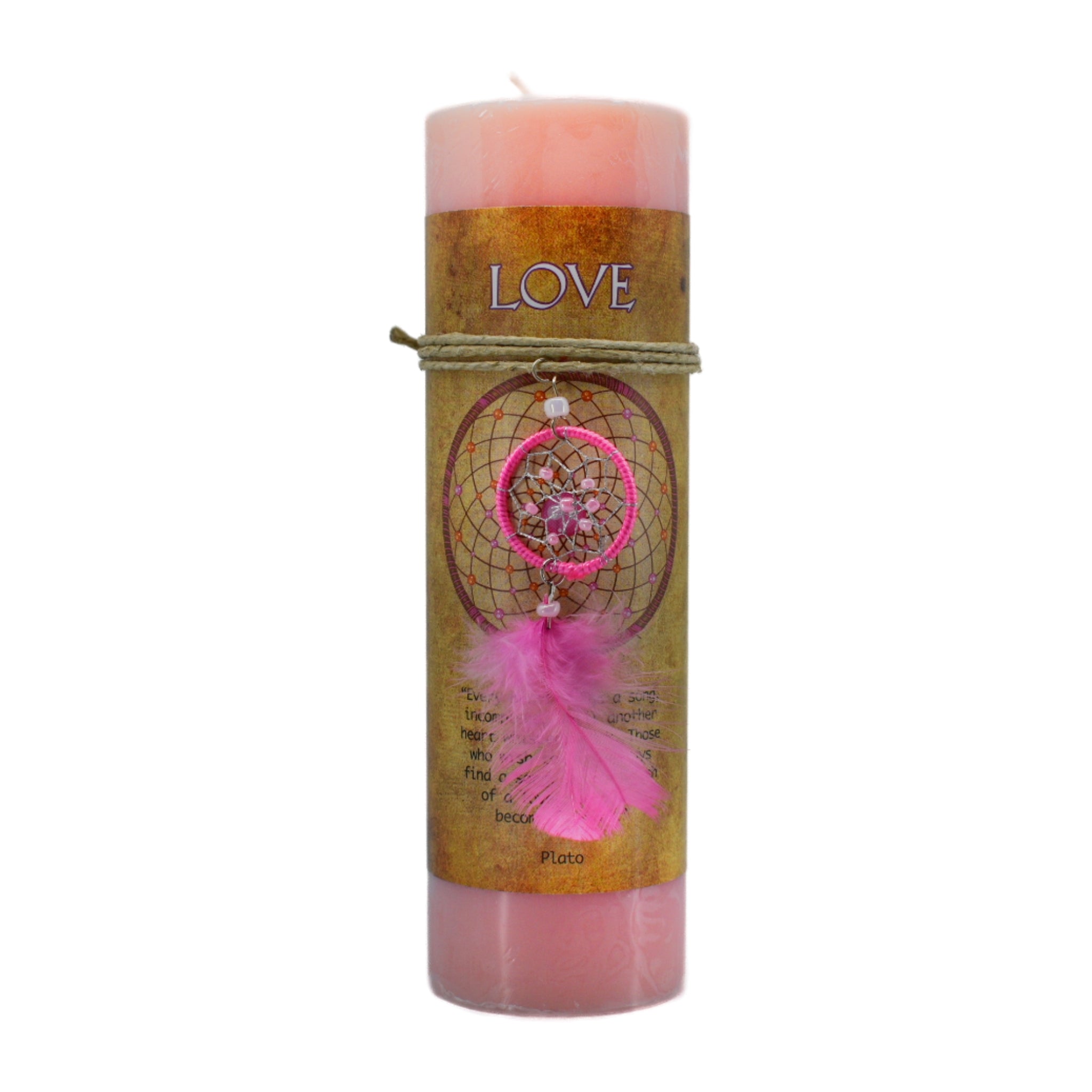 Love Dream Catcher Candle.  Dream catcher is pink with a pink feather.  Light the candle to bring in the intention of love.  Candle is pink.